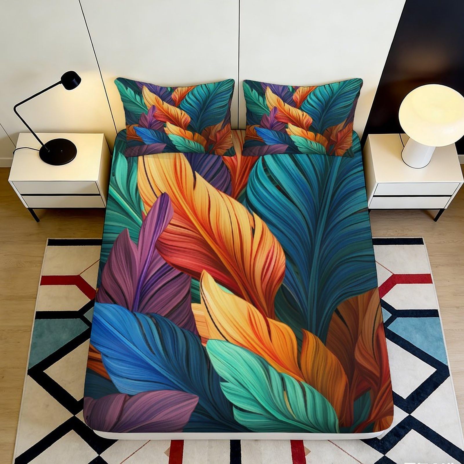 3D Printed Tropical Leaf Fitted Sheet Microfiber Vibrant Botanical Mattress Cover for Bedroom Dorm Decor Easy Care 90x200x25cm