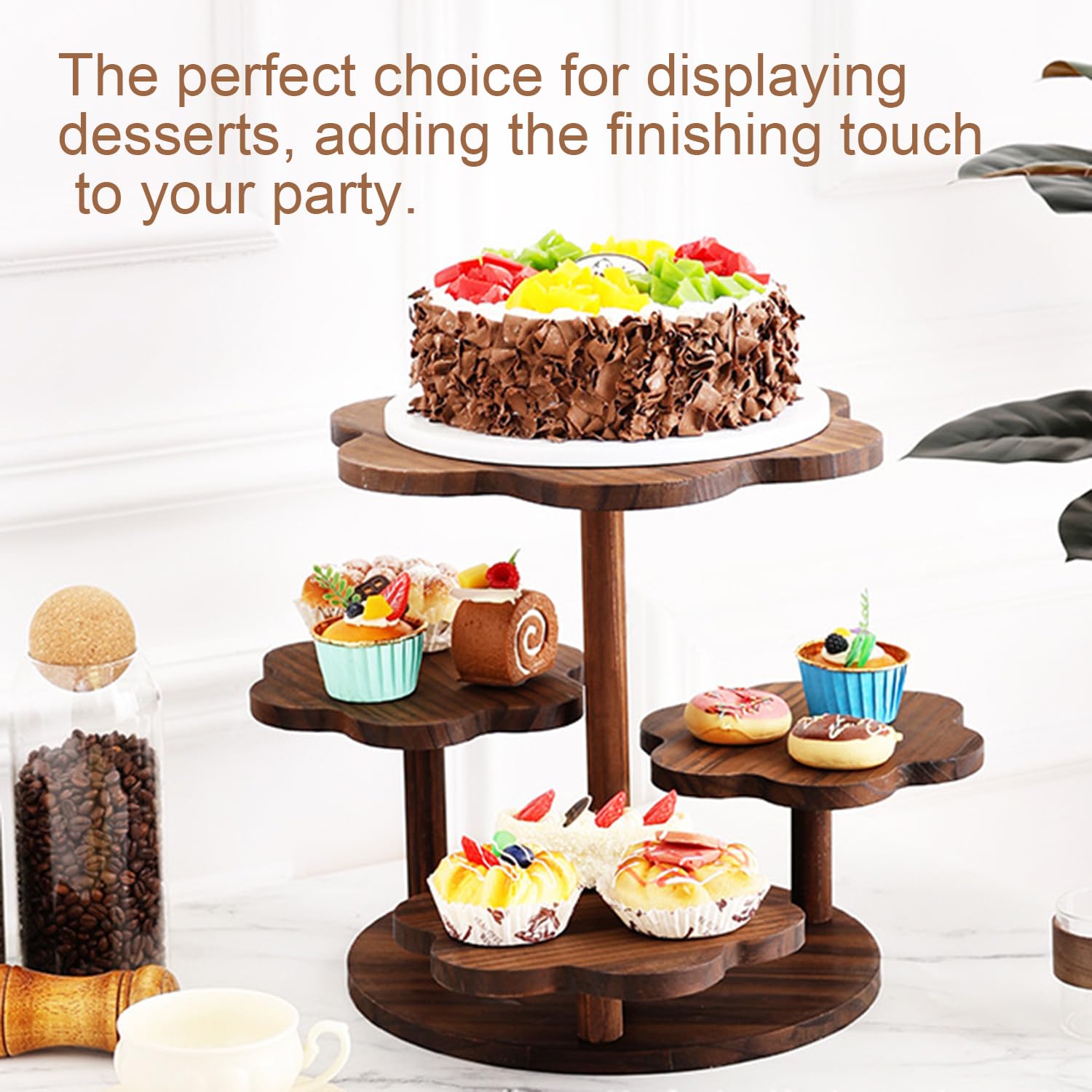 Présentoir à Cupcakes En Bois à 4 Niveaux,Support à Dessert,Presentoir a Gateau En Bois,Pour Fête d'Anniversaire,Mariage,Fête Prénatale,Fête à La Maison(Marron,festonné)