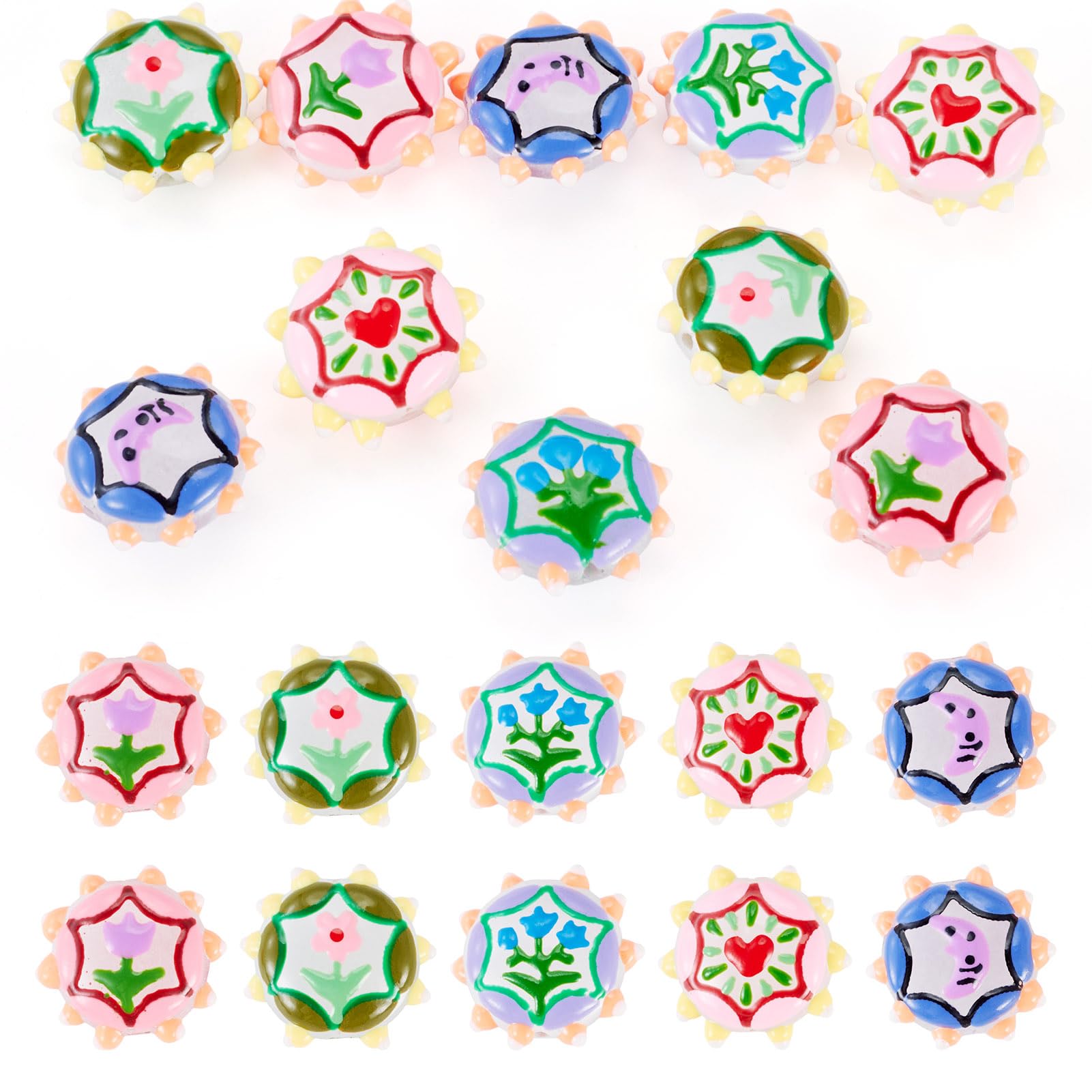 10Pcs Flower Lampwork Glass Beads Lampwork Bumpy Beads Colorful 3D Heart Moon Enamel Bead Cute Flat Round Glass Spacer Bead for Valentines Bracelet Necklace Earring Jewelry Making