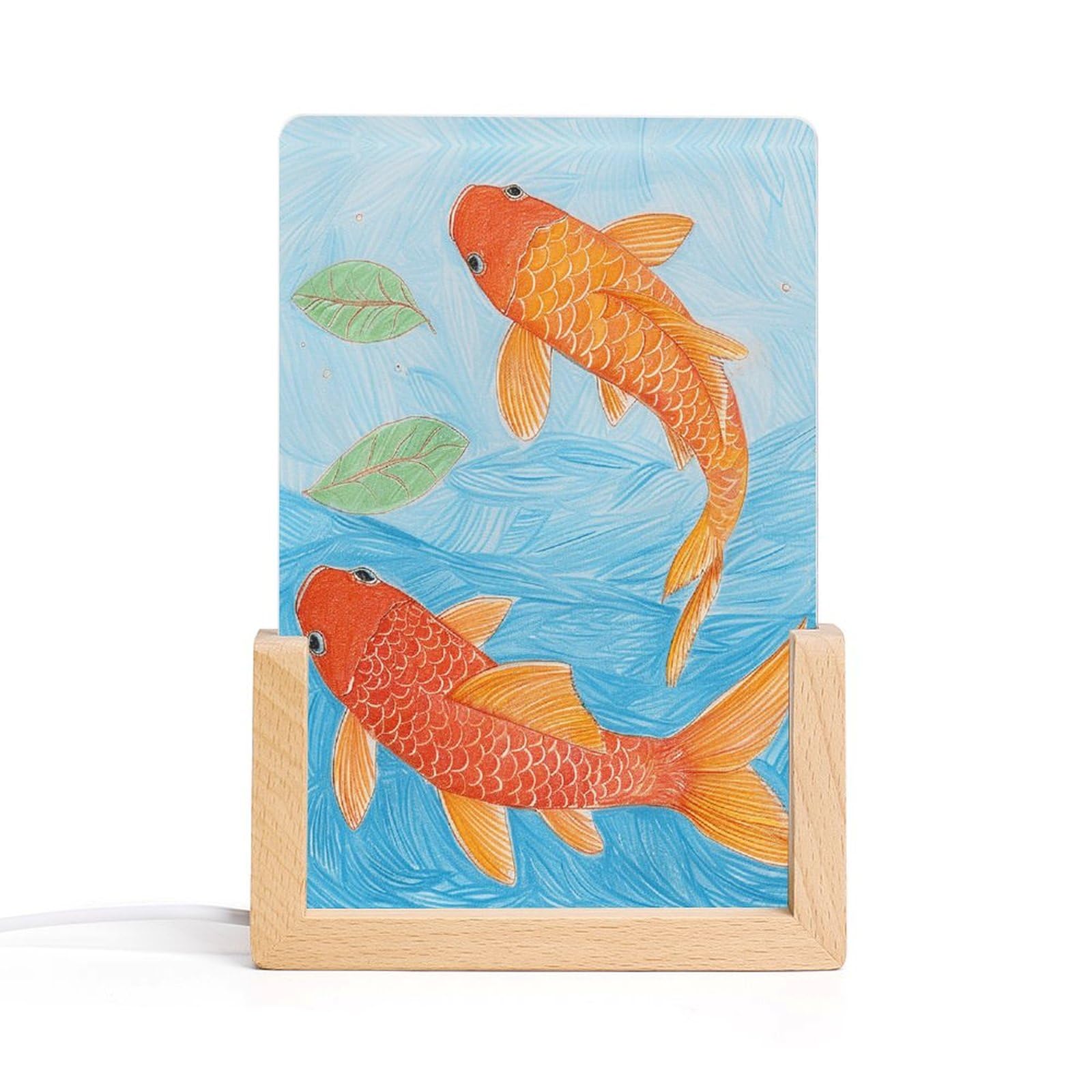 JTREHY Acrylic Night Light,Orange Fish Pattern Printed Wooden Base LED Night Light Modern Home Decoration Light with USB Switch Cable for Bar Cafe Bedroom Room Decoration