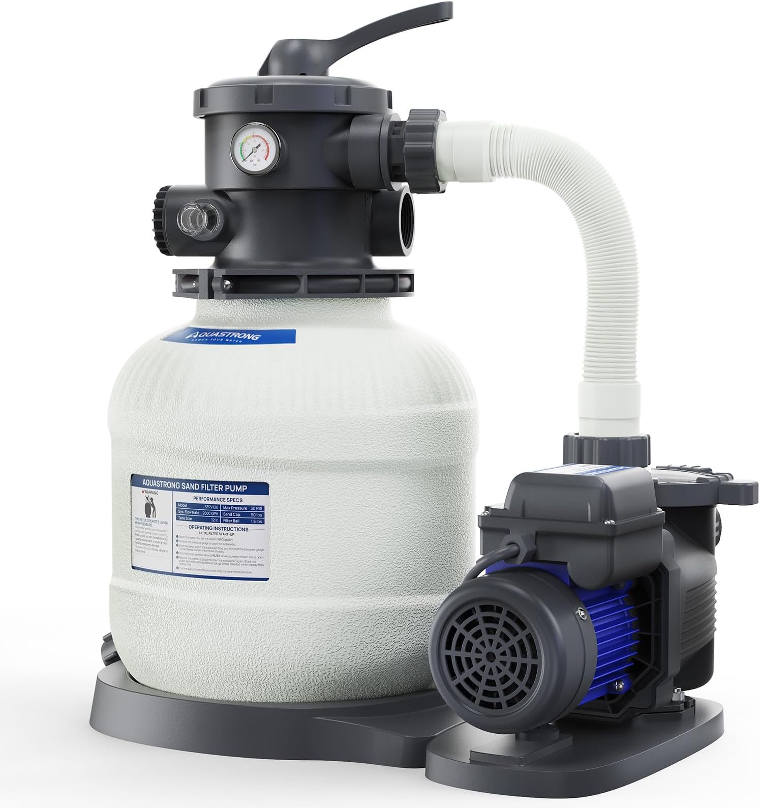 AQUASTRONG Sand Filter Pump for Above Ground Pool with Timer, 3/4 HP Pool Pump 3800 GPH for Pools up to 14000 GAL, 12in Pool Sand Filter with 6-Way Valve, Improved Circulation for Crystal-Clear Pool