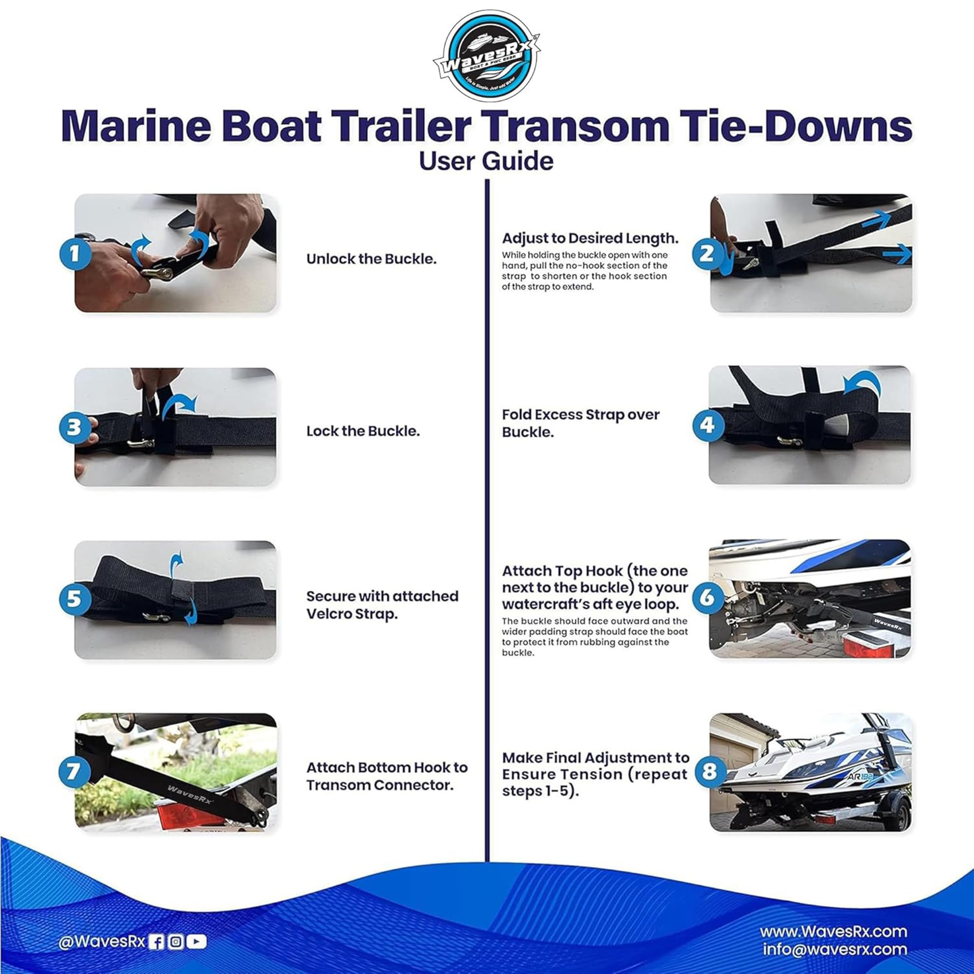 WavesRx Premium Boat & Jet Ski Trailer Transom Straps - Marine Tie Downs - Adjustable Via Quick Release Buckle (2"x48" (2PK))