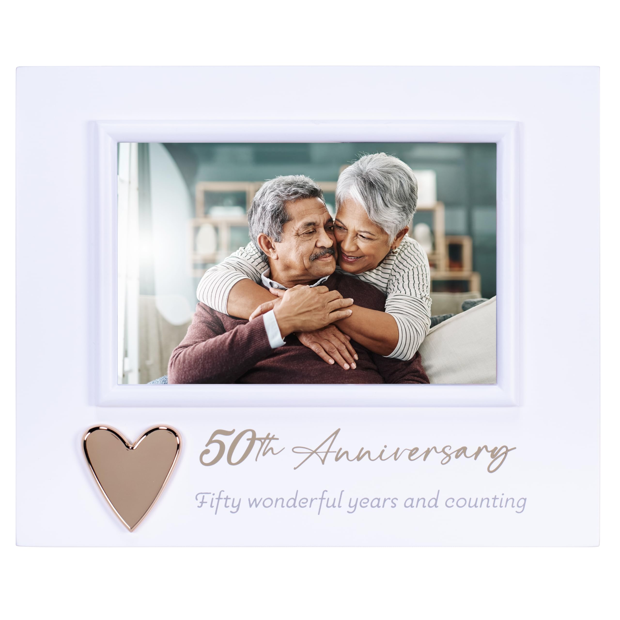 Malden International Designs 4x6 50th Anniversay Picture Frame White MDF Frame With Gold Heart Attachment