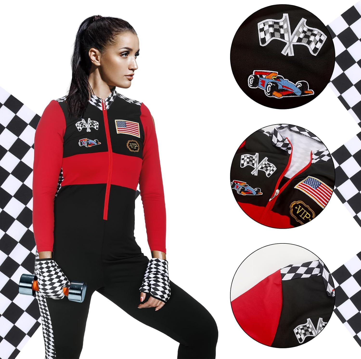 Mepase 4 Pcs Halloween Racer Car Driver Costume Jumpsuit Women with Checkered Flag Sunglasses and Glove Long Sleeve Jumper - Image 2
