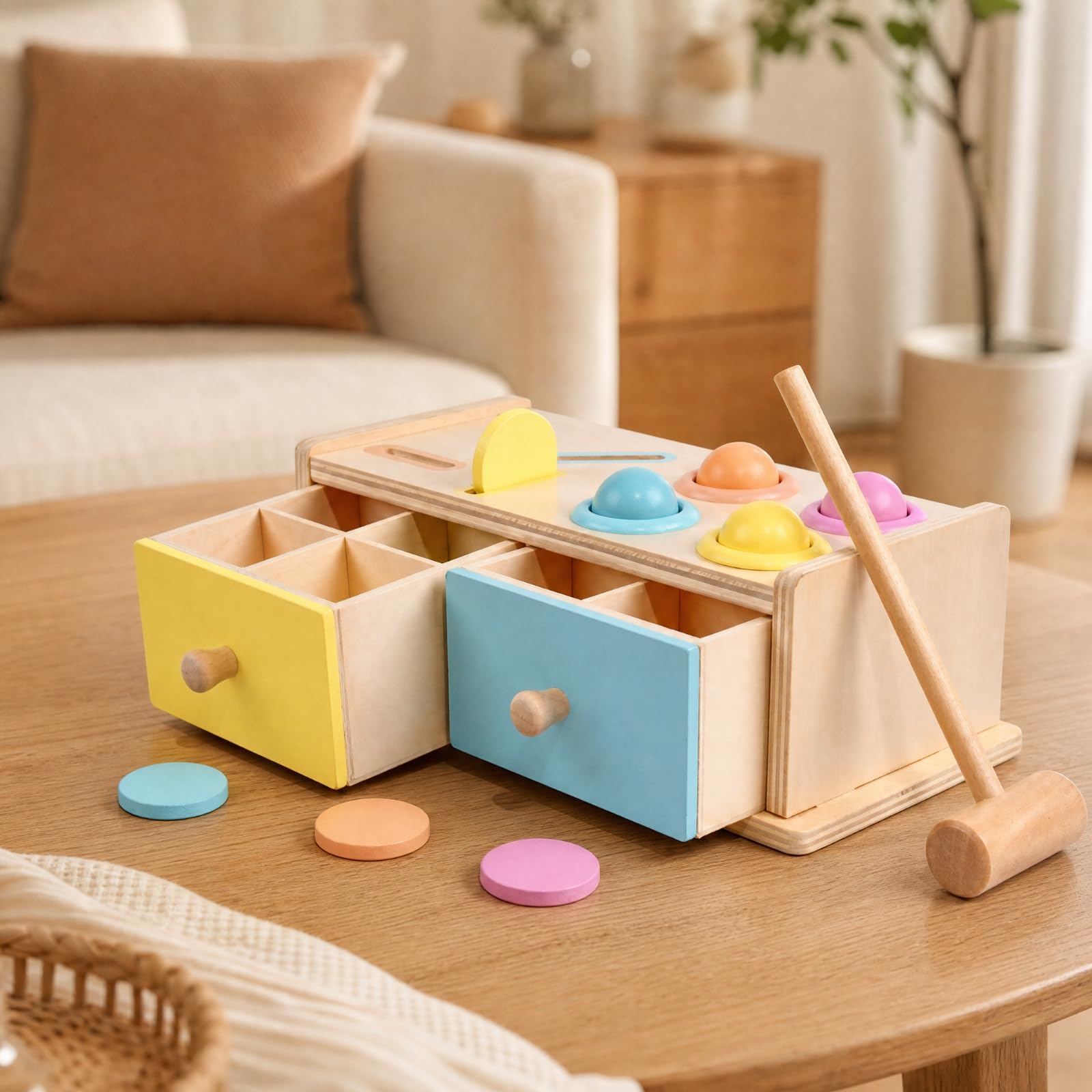 Scatola di attività di Ordinamento dei Colori e Martellamento Compatto Scatottività con Cassetti e Martello in Legno Ideale Regalo per Casa