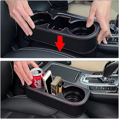 Miniatura 6 de Portavasos extra para automóvil, relleno de cuero para asiento de automóvil con soporte para tazas, soporte multifuncional para organizador y