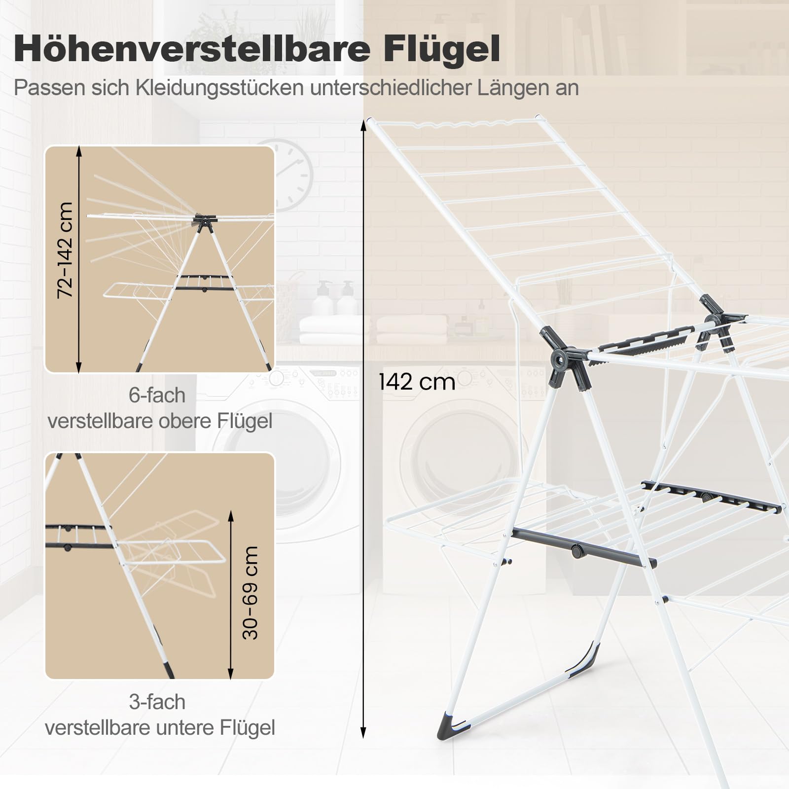 COSTWAY Wäscheständer klappbar, Wäschetrockner ausziehbar mit 2 Ebenen, Standtrockner höhenverstellbar mit Flügeln & Schuhablage, Trockenständer Wäscheturm für Innen & Außenbereich - Image 8