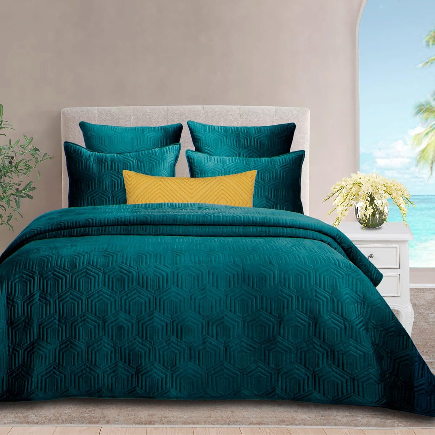 Amazon.com: Querencia Velvet Quilt King Size - Cozy Teal Comforter Set ...