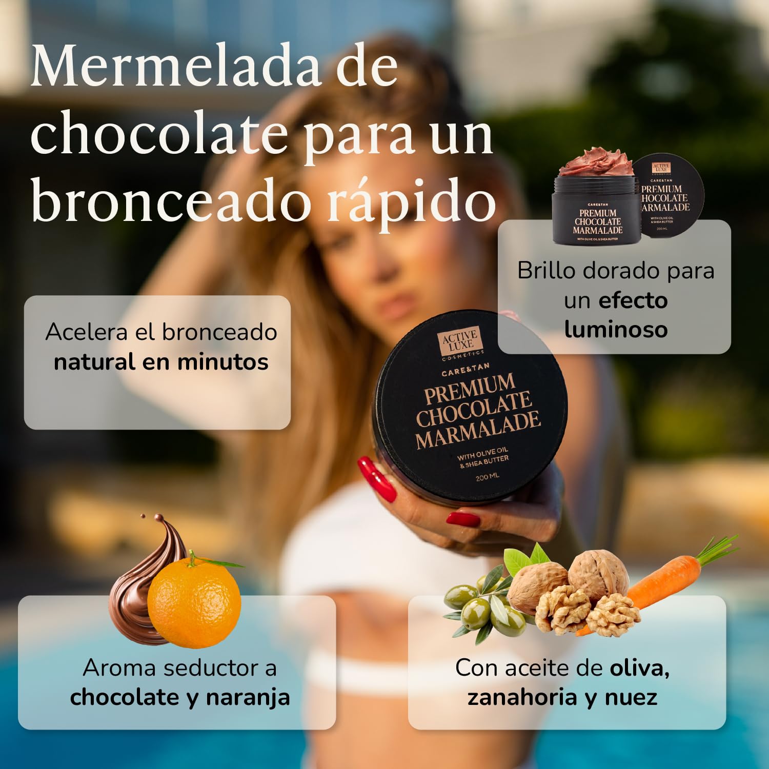 Active Luxe Mermelada de Chocolate Premium – Crema Bronceadora Rápida con Zanahoria y Aceite de Oliva – Crema Corporal para un Tono Más Oscuro (200 ml)