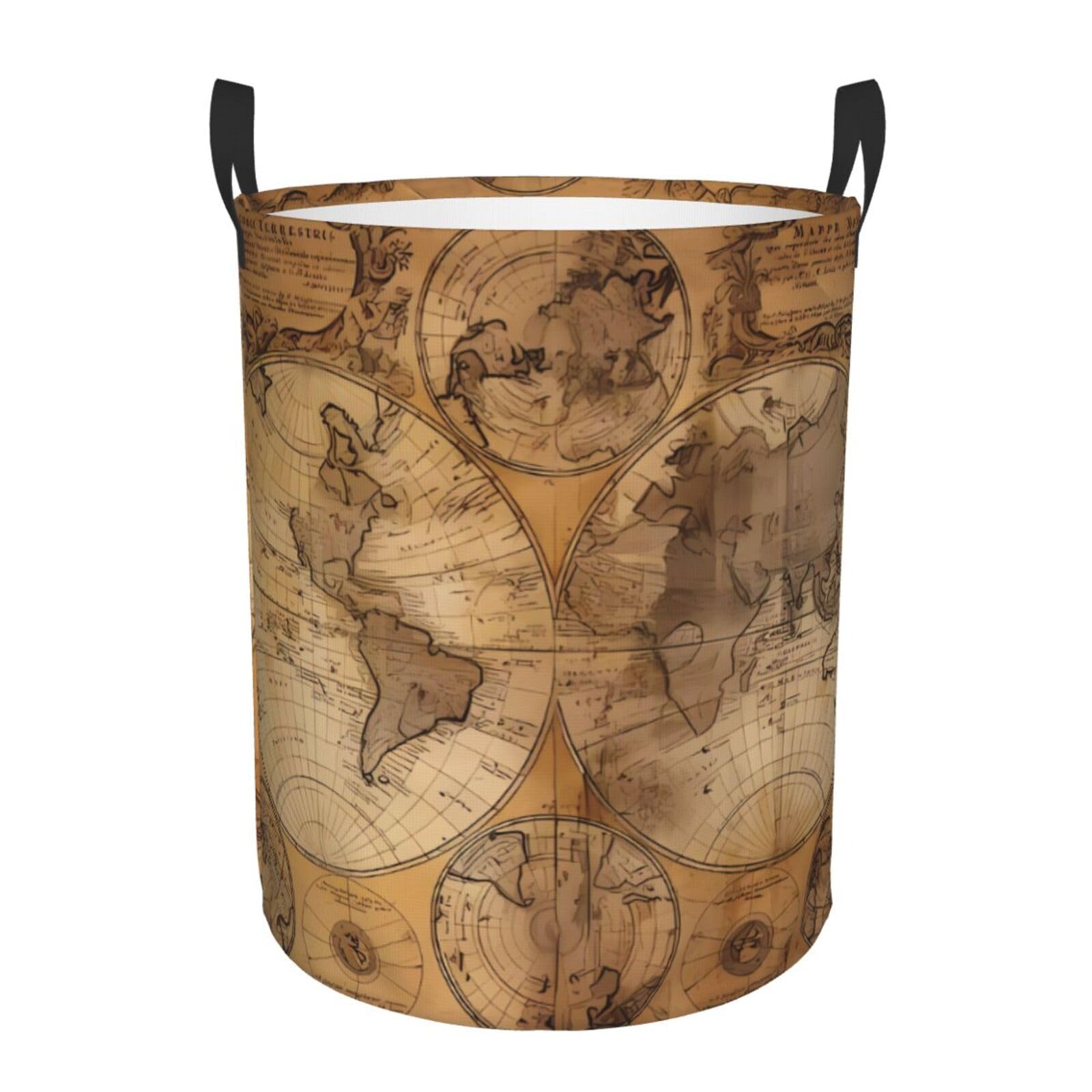 M Collapsible Vintage Old World Map Print Circular Hamper Round