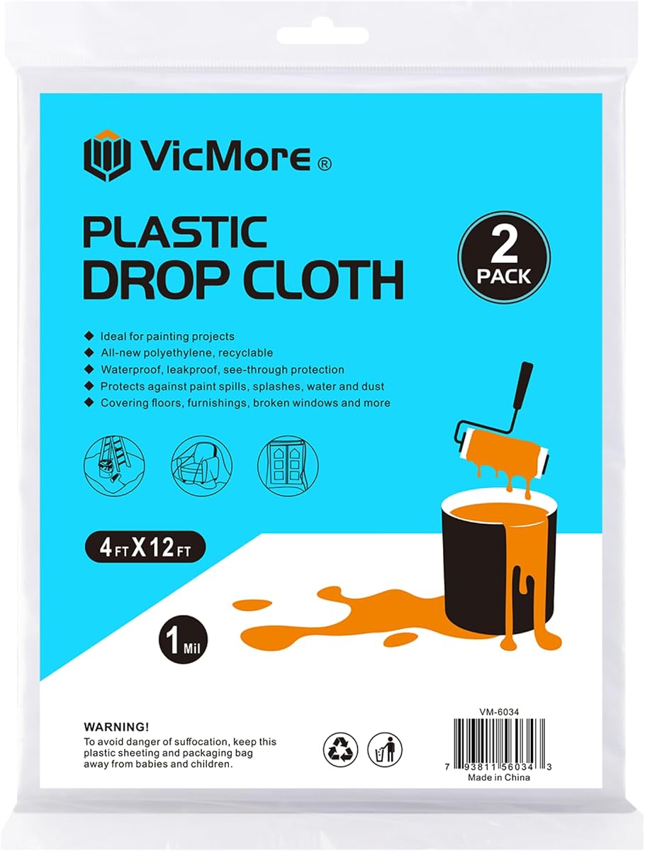 VICMORE Clear Plastic Drop Cloths 4 x 12 Ft, 1 Mil, 2 Pack | Clear PE Sheeting for Painting, Small Floors, Narrow Spaces, Furniture Cover, Waterproof Barrier, and Dust Control