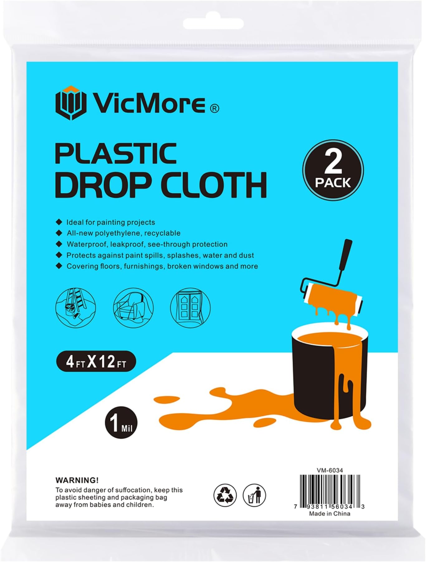 VicMore Clear Plastic Drop Cloths - Water & Dustproof, Odorless Plastic Sheet for Renovations, DIY Projects - Durable Paint Tarp with 1mil Thickness - Floor Covering & Dust Cover - 4 x 12’ - 2 Pack