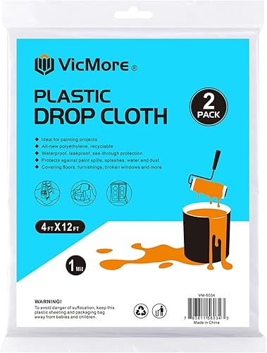 VICMORE - Paquete de 2 paños de plástico para pintura de 4 pies por 12 pies, lámina de plástico transparente impermeable