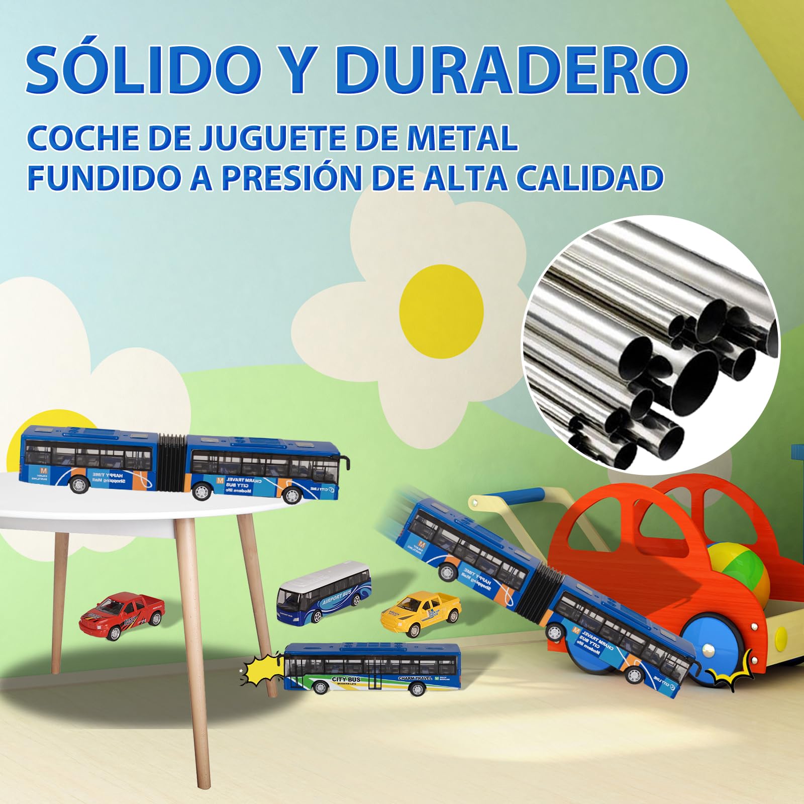 VBACALA Juego de 5 Autobuses de Juguete con Función Pull Back,Incluye Autobús Urbano, Aeropuerto, Articulado y 2 Camionetas,Juguetes para Niños +3 Años, Regalo Ideal para Navidad y Cumpleaños
