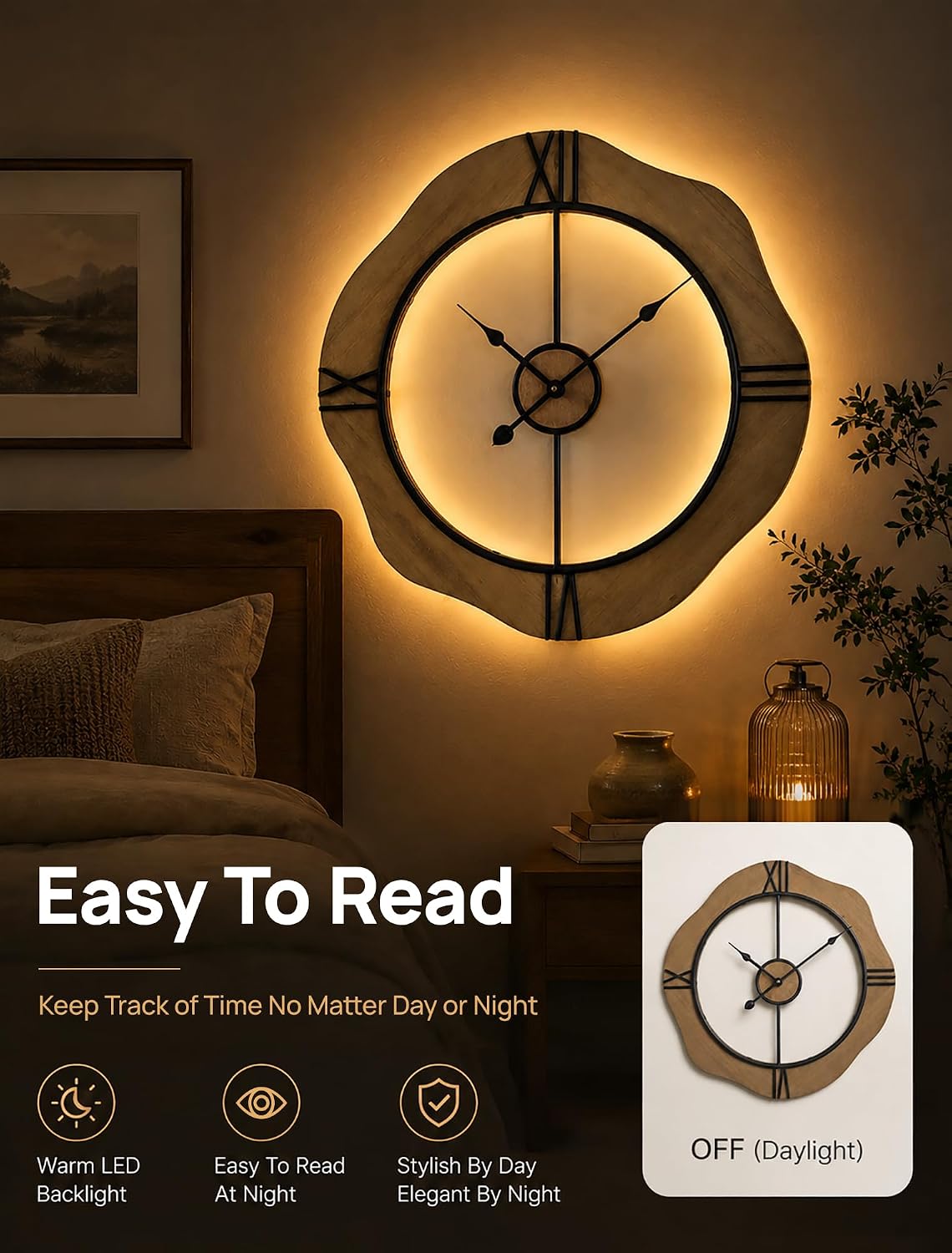 MASHI 24 Inch Oversized Wall Clock with Night Light, Non-Ticking Silent Battery Operated, Round Modern Wood Roman Numeral Wall Clock for Living Room Bedroom Kitchen Farmhouse Office Decor (24 Inch)