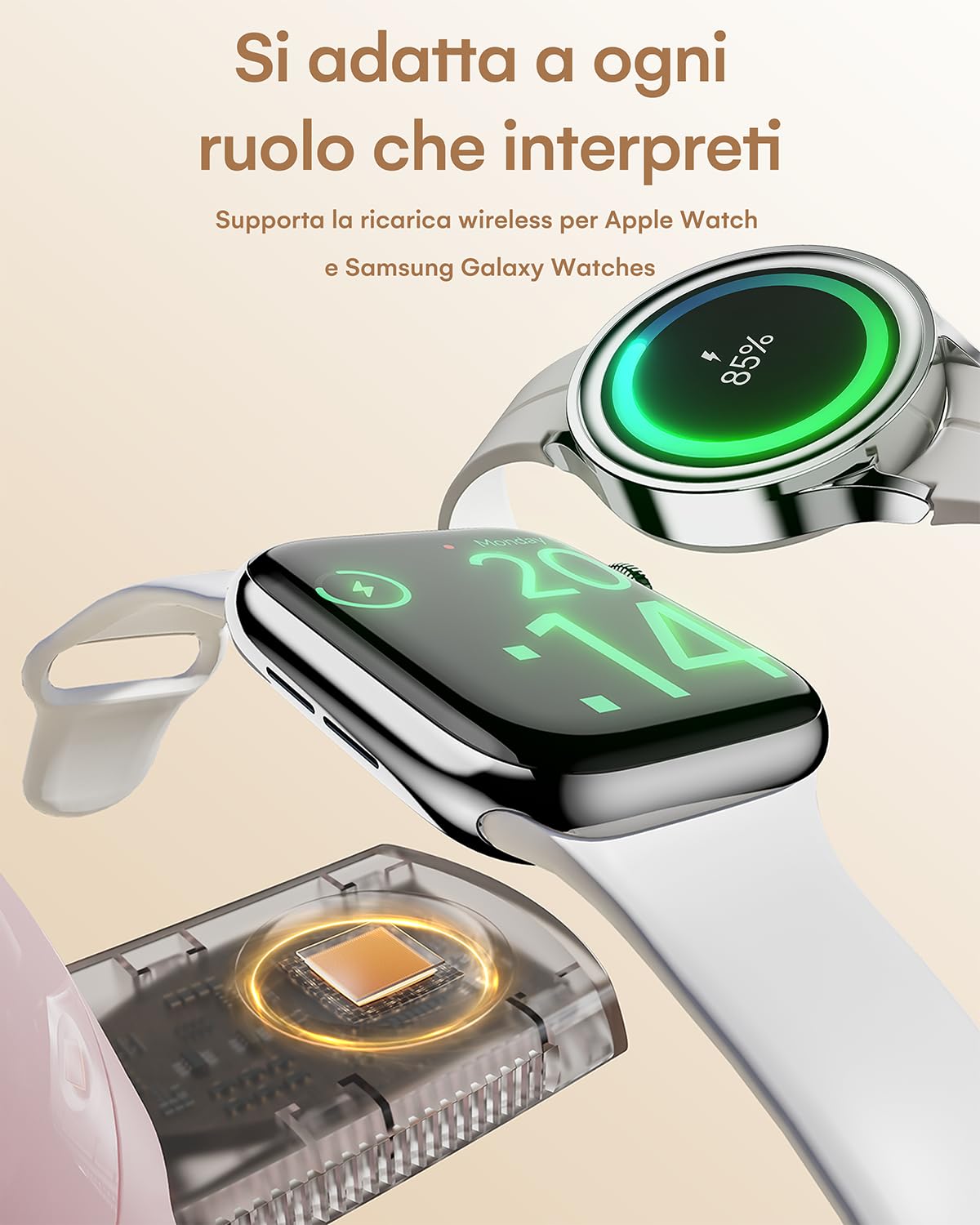 ZEEHOO Stazione di ricarica wireless 4 in 1 per Apple, caricabatterie magnetico e luce dimmerabile, caricabatterie wireless da15W per iPhone17,16,15,14,13, iWatch, Samsung Galaxy Watch