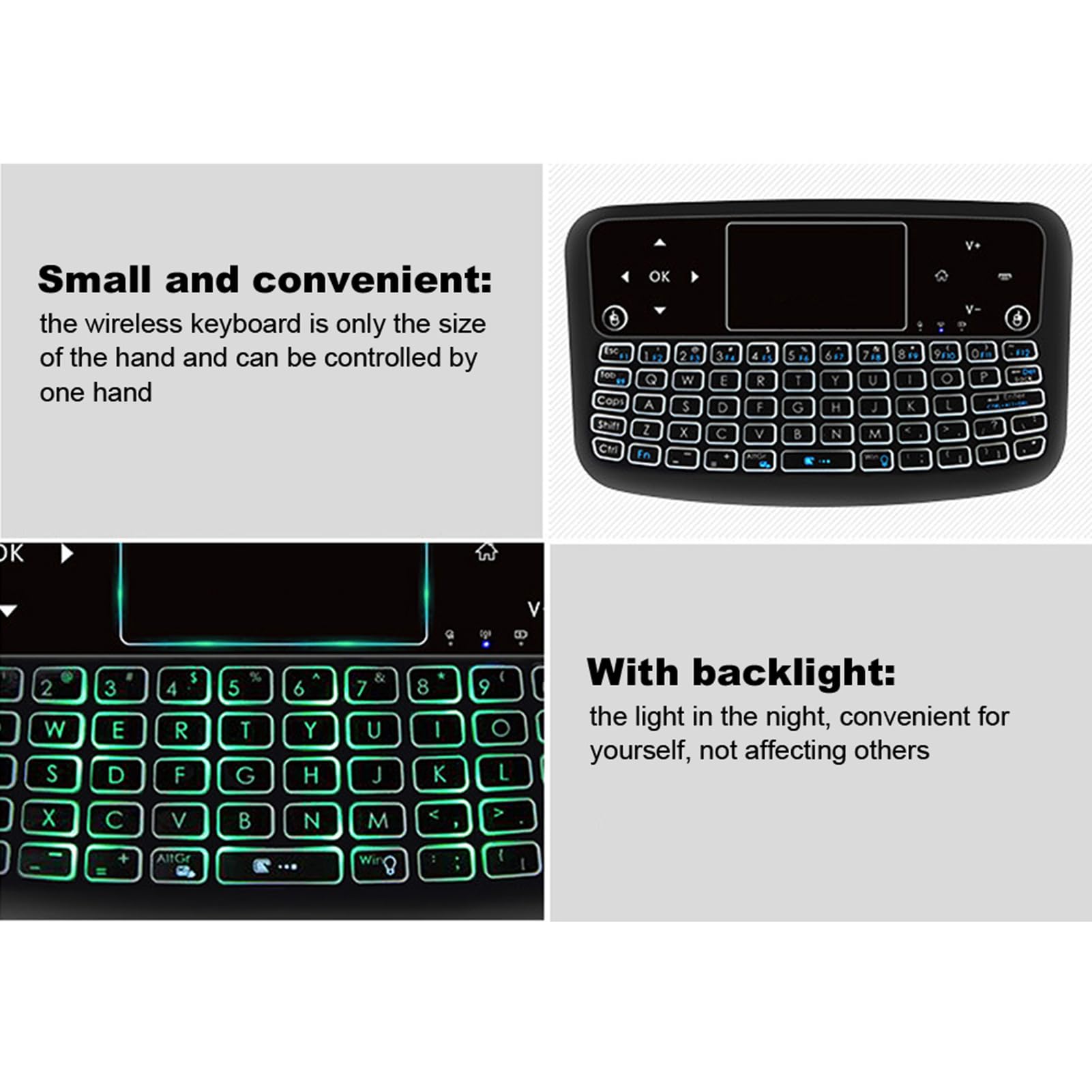 Denash 2,4 GHz Wireless-Tastatur, Hintergrundbeleuchtung Touchpad-Tastatur Fernbedienung Maus-Tastatur mit USB-Empfänger für PC, Laptop, Smart TV, HTPC