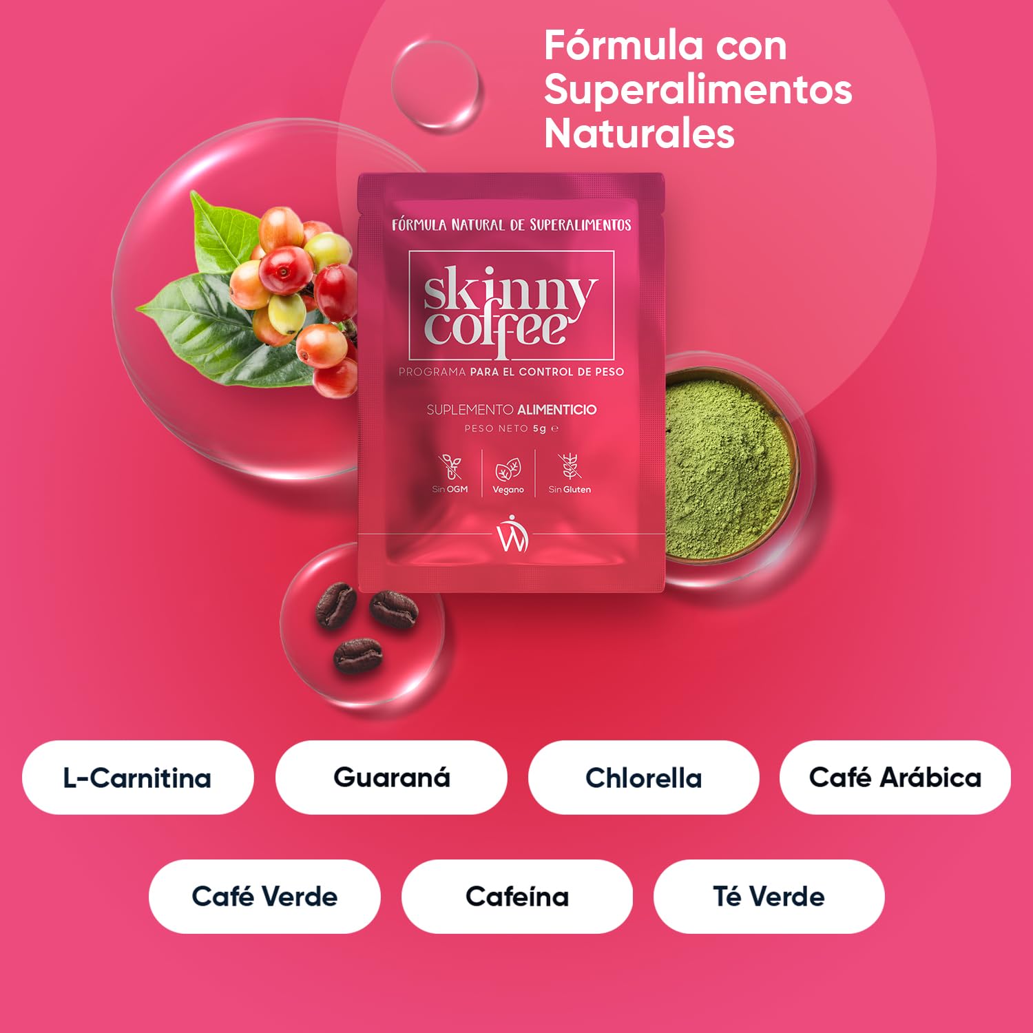 Cafe Soluble Arábica Skinny Coffee Programa Dietético de 28 Días - Con Cafe Verde, L-Carnitina, Guaraná y Té Verde, Chlorella, Fórmula Vegana y Natural de Café Instantáneo, Sin OGM ni Gluten
