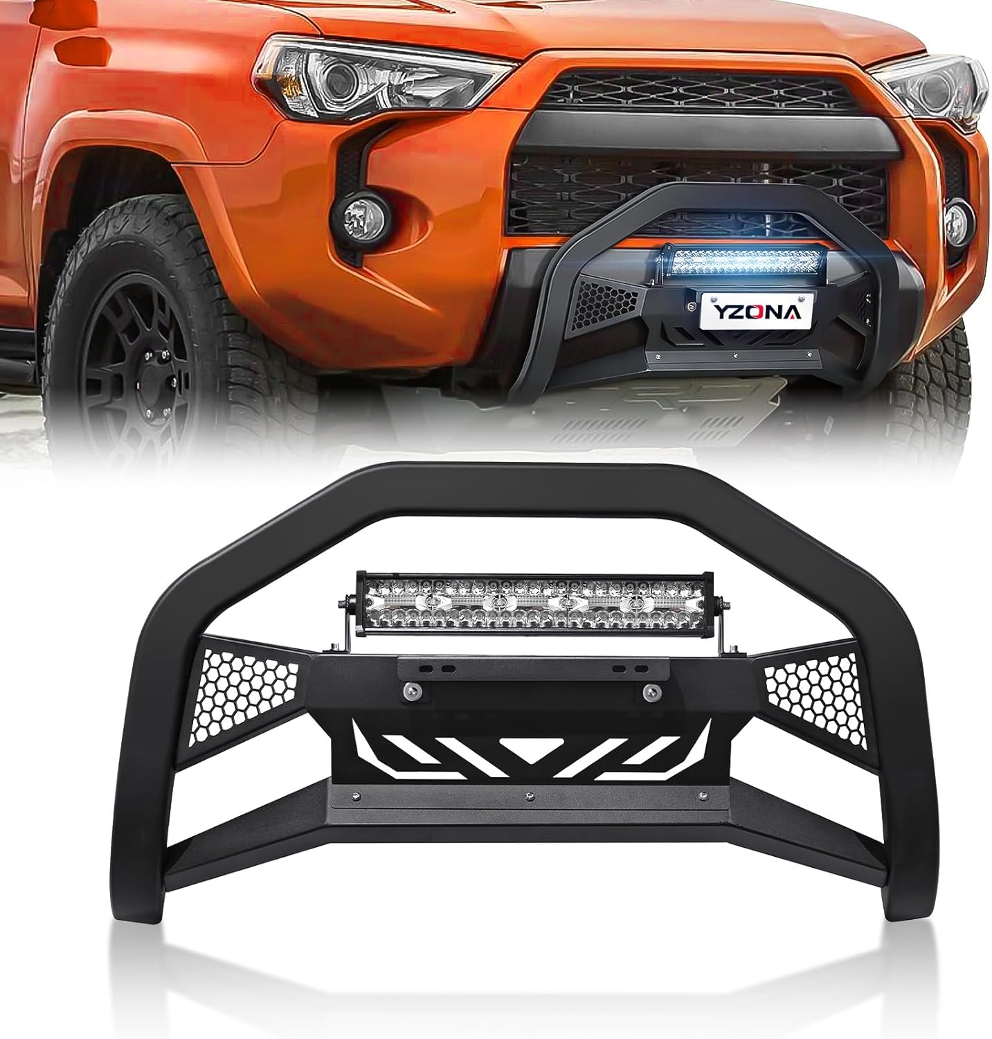 Bull Bar with License Plate Frame & LED Light Bar Compatible for 2007-2021 Toyota Tundra, Truck Grille Guard Brush Push Bar Front Bumper (Include Light Mount & Skid Plate)