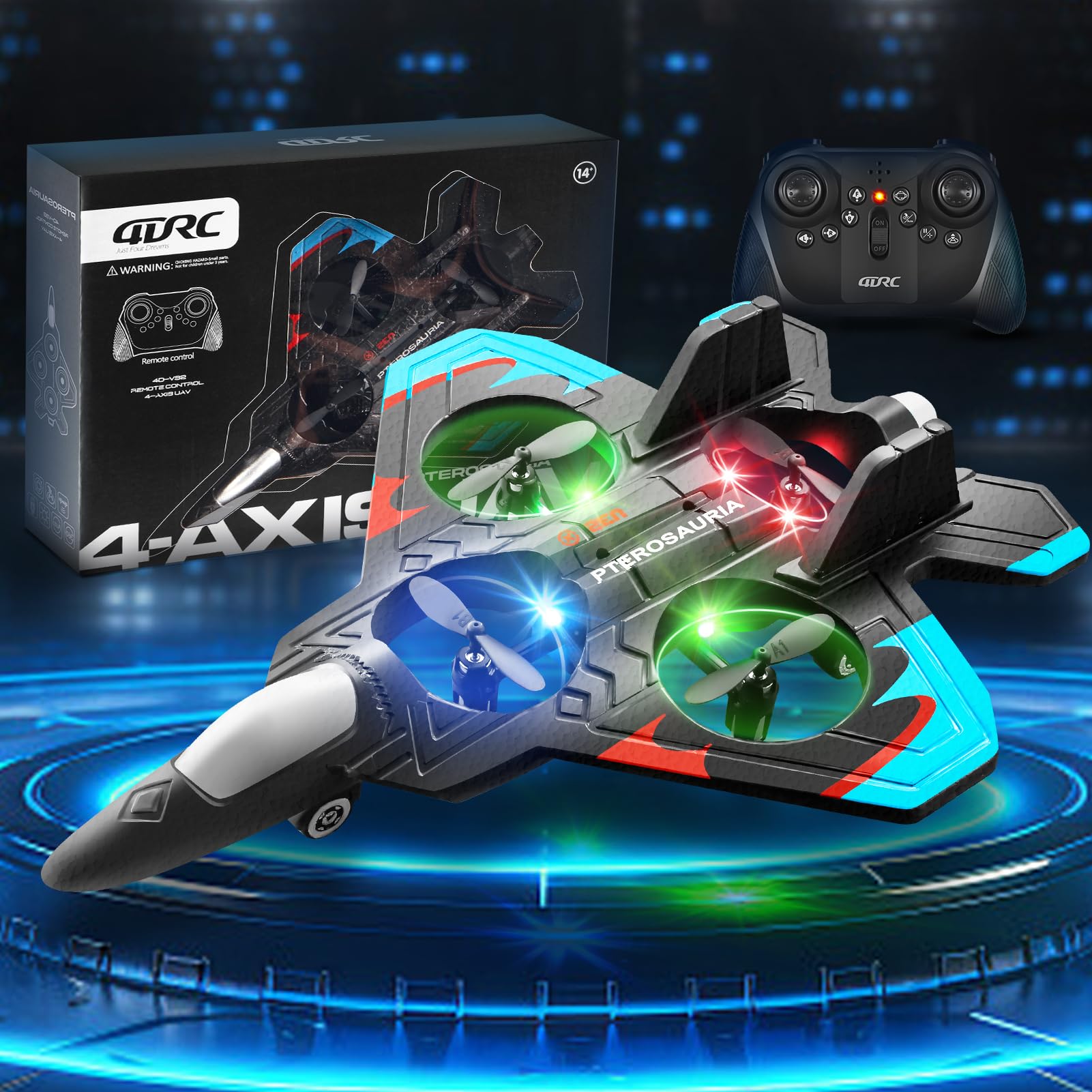 4DRC Avión V32 Controlado por Radio, para Niños >8 Años, Jet con Luces, Giro 360°, Mantenimiento de Altura, Modo sin Cabeza, Arranque un Clic, Regalo de Juguete al Aire Libre para Adultos y Niños