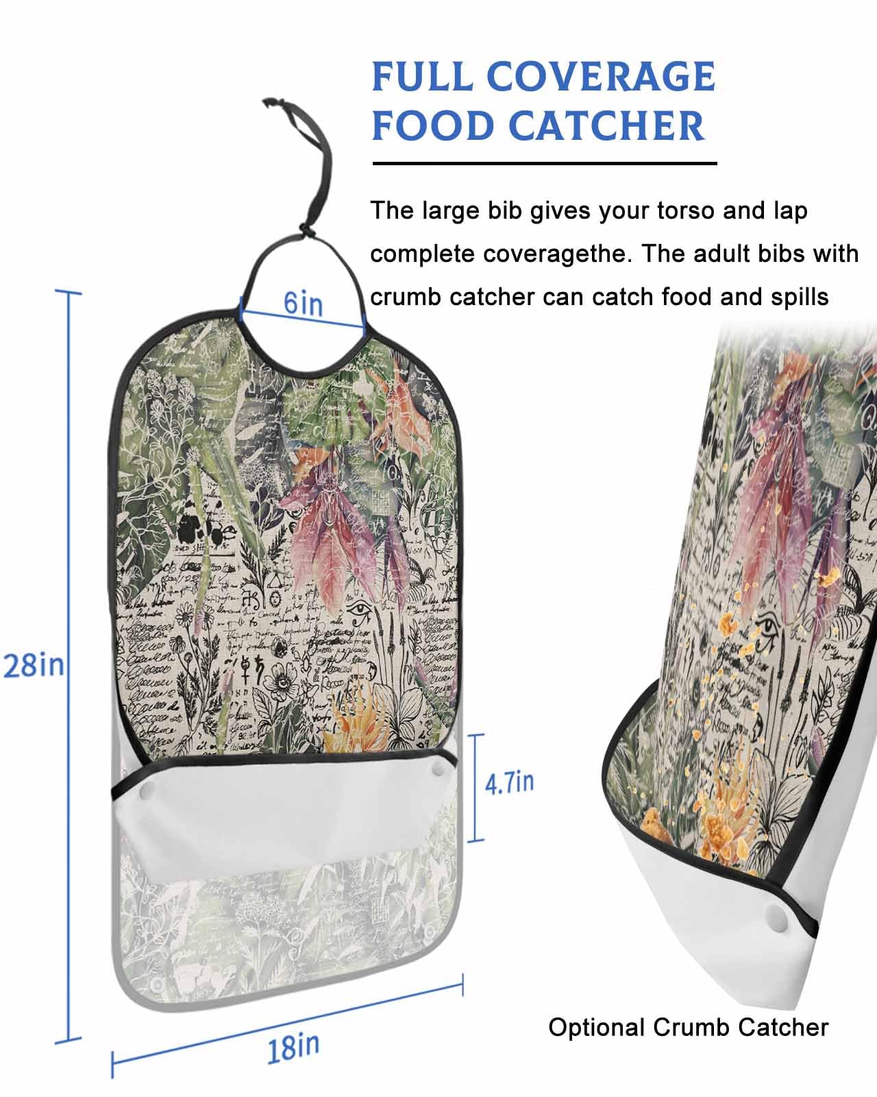 LEOKOTI Summer Botanical Adult Bibs for Eating, Waterproof Bibs with Food Catcher & Adjustable Snap Closure, Flowers Tropical Rustic Washable Clothing Protectors Adult Bibs for Elderly