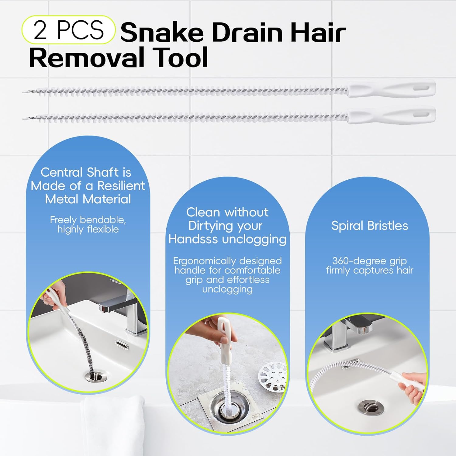 Sink Plunger with Drain Snake Set, Drain Cleaner Tool for Home | 51+35 inch Snake Drain Hair Removal Tool (4pcs) & 23inch Cleaning Brush(2pcs), Short Handle Drain Plunger (1pc)