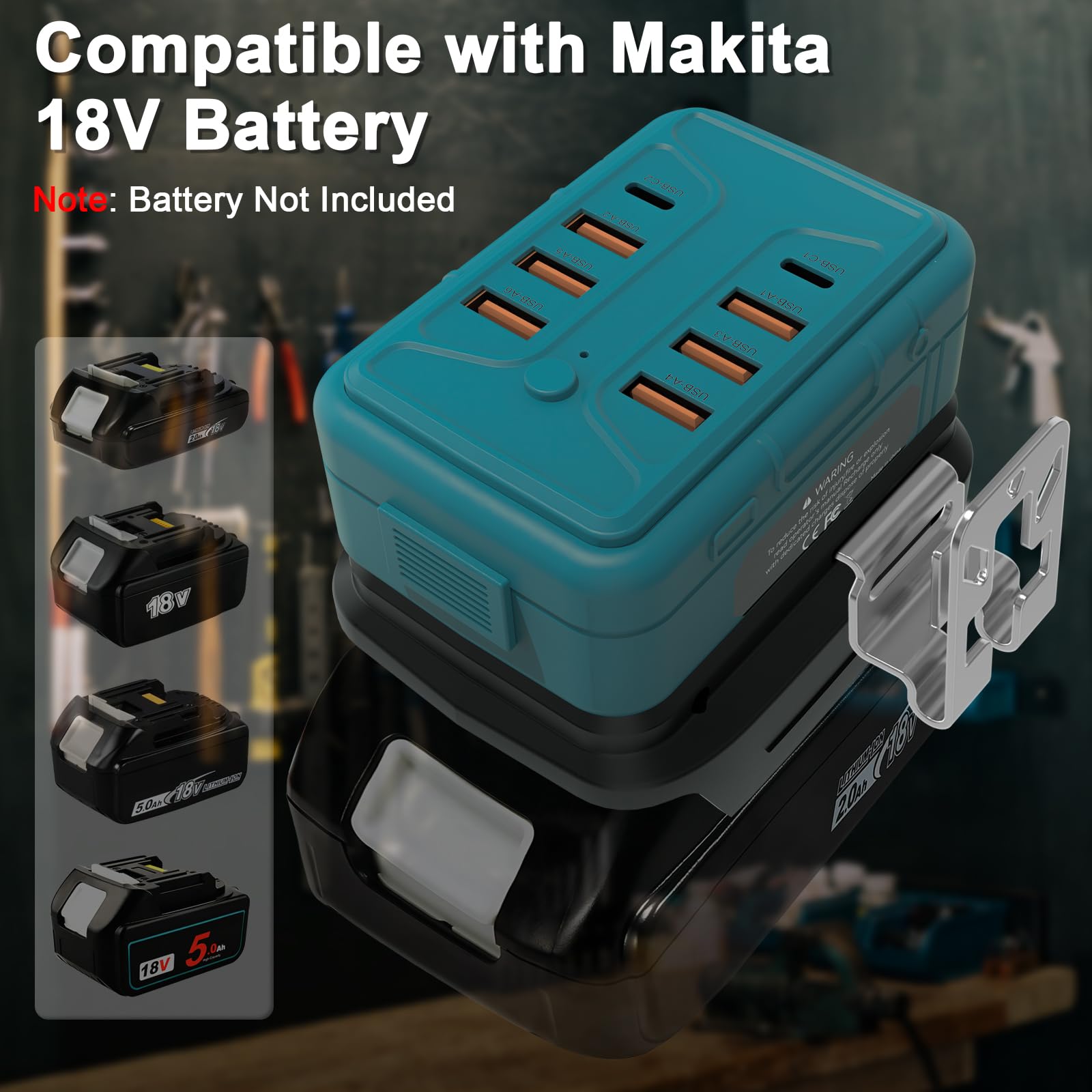 8-w-1 Ładowarka & Adapter USB do akumulatorów M-akita 18V - Przenośna ładowarka z 6x USB-A & 2x TYPE-C portami szybkiego ładowania - Powerbank do tabletów i elektroniki (tylko adapter)