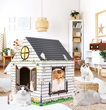 Cardboard Cat House with Scratcher 16x 13x19 Cat Scratch House for Indoor Cats Birthday Large Cat Scratcher Box