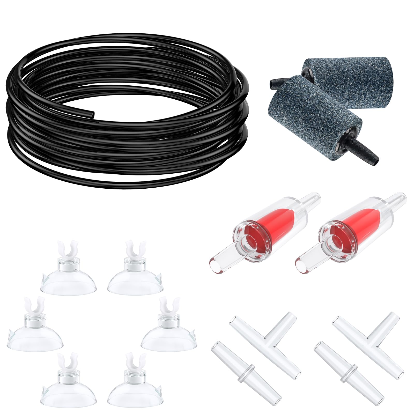 Pawfly 26 Feet Aquarium Air Tubing Standard 3/16" Airline Tubing Air Pump Accessories with Air Stones, Check Valves, Suction Cups and Connectors
