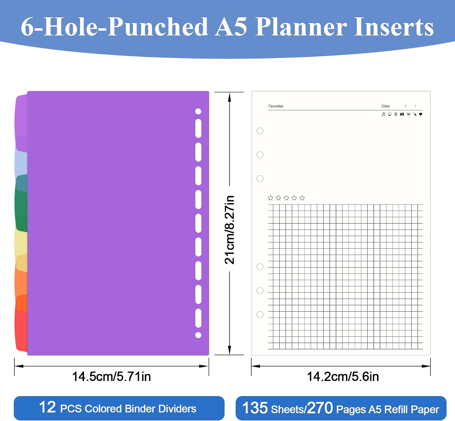 A5 Refill Paper Planner Inserts for A5 6-Ring Binder, 135 Sheets 6-Hole Note Record Refills Blank&Grid Loose Leaf Filler Paper with Binder Dividers for Refillable Notebook, Journal, Sketchbook