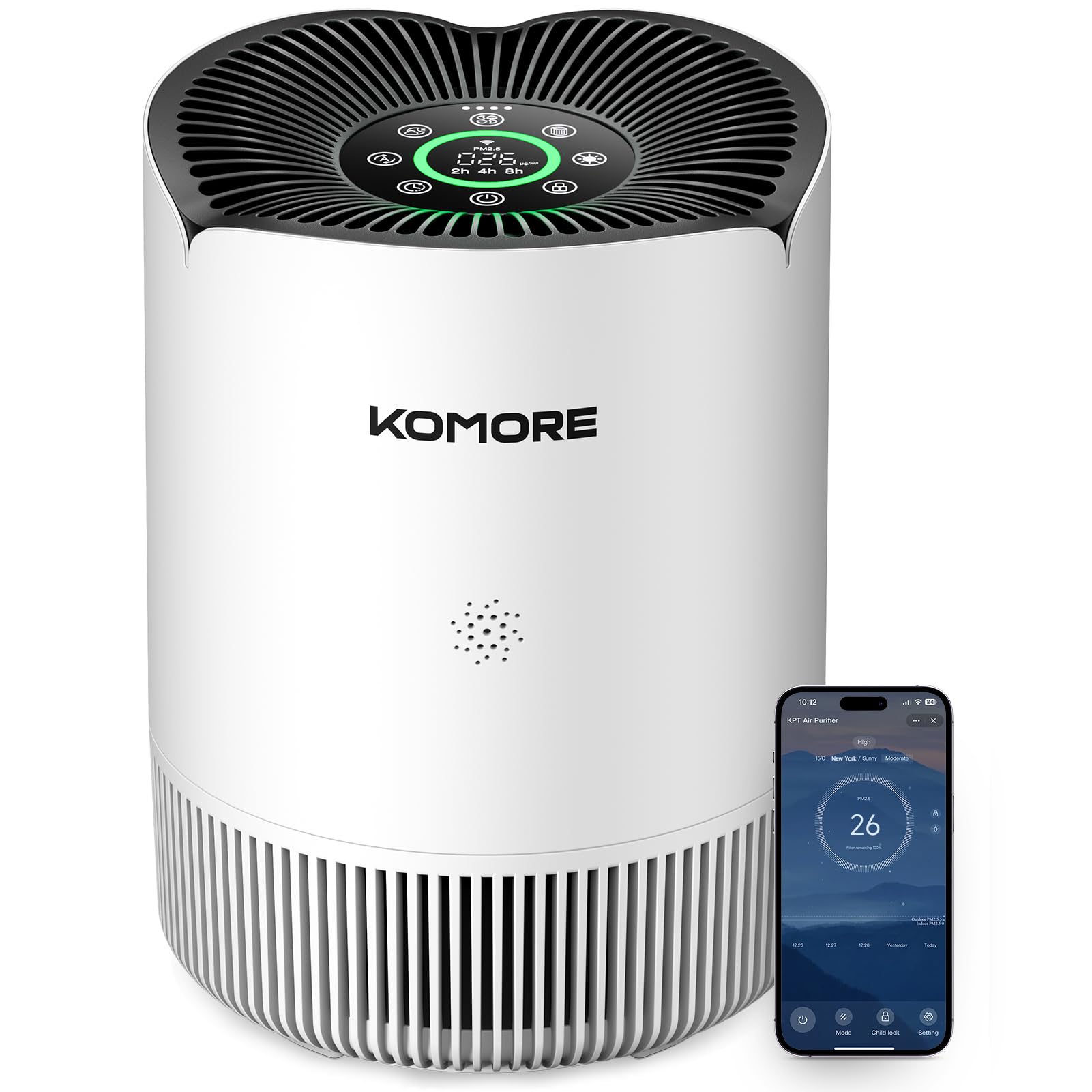 KOMORE Air Purifier for Bedroom, Smart WiFi Hepa Air Filter CADR 158m³/h
