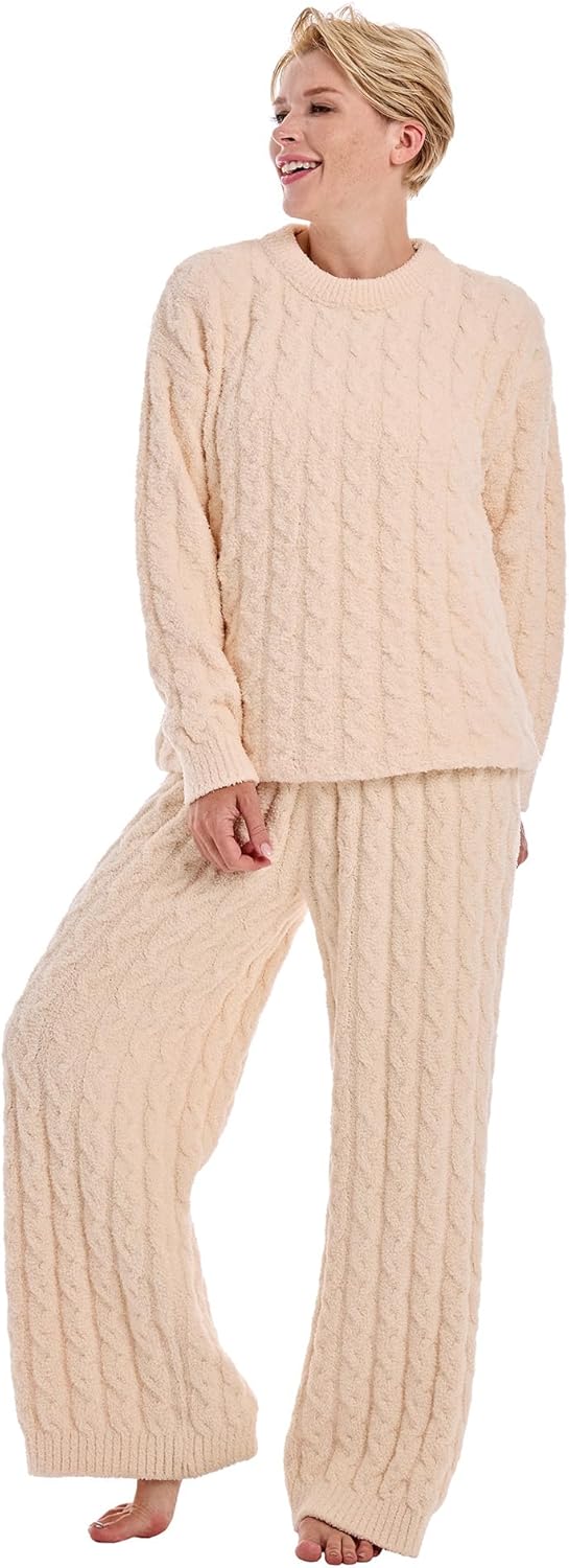 Womens Fleece 2 Piece Pajamas Flannel Fluffy Pullover Pajama For Women Cozy Lounge Set Warm Knit - Image 4