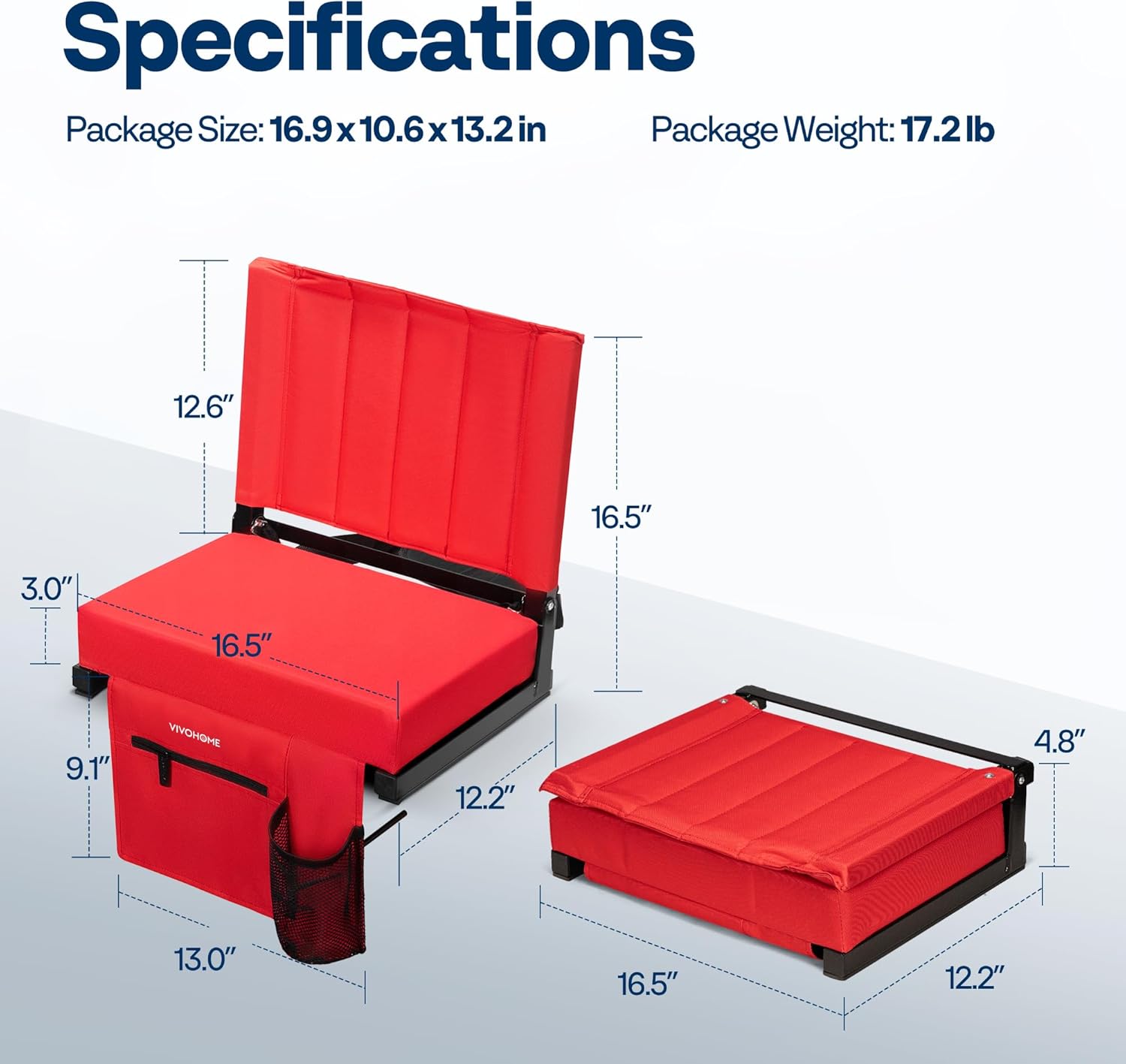 vivohome 2 pack stadium seats with back support and cushion, portable bleacher chair with cup holder and shoulder strap red red 2