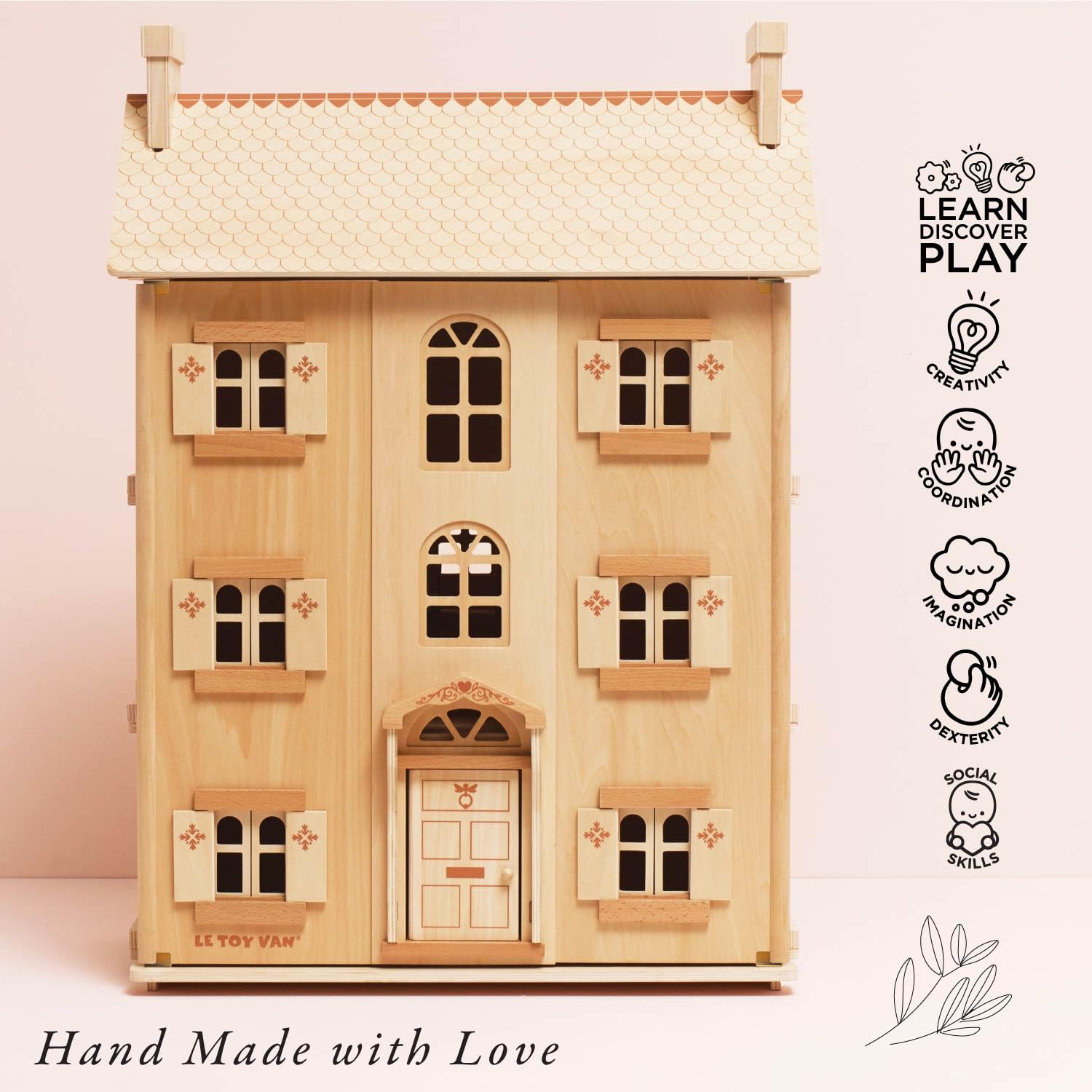 Casa delle Bambole in Legno Naturale FSC - 4 Piani con Finestre e Porte Apribili - Gioco di Ruolo e Fantasia per Bambini