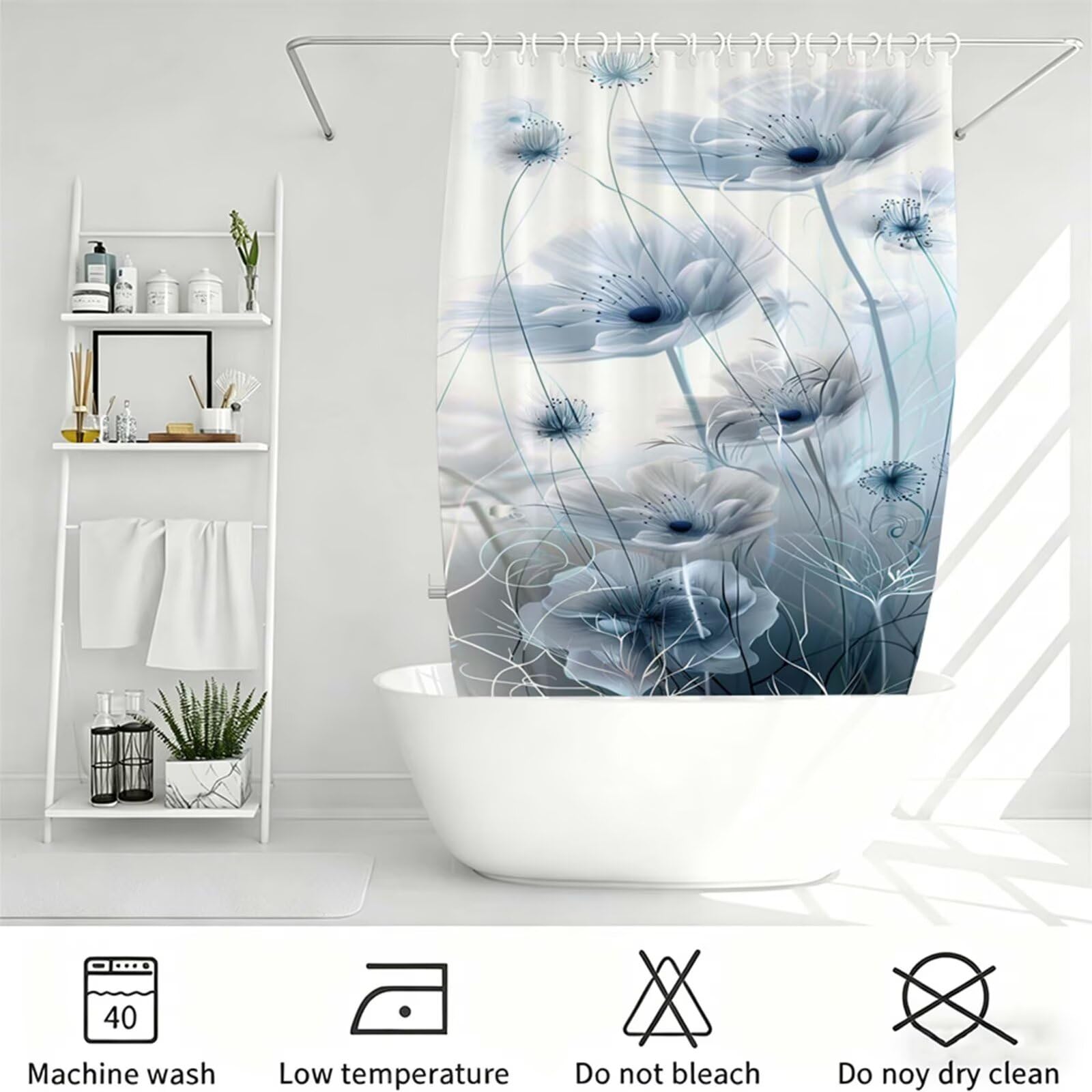 Tenda Doccia 180x180cm Grigio chiaro Tenda per Doccia con 12 Anelli, Bordo Ponderato, Polyester Tessuto Lavabile, Asciugatura Rapida, Facile da Pulire, per Bagno Dormitorio Hotel fiore J-335
