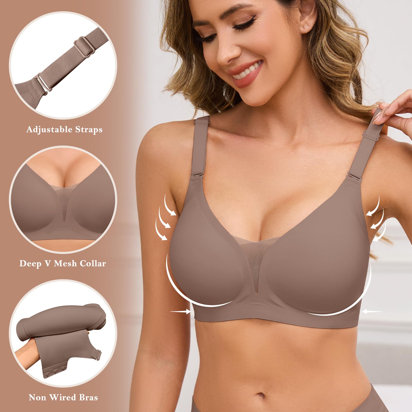 TOMEEK Donna Reggiseno Senza Ferretto Senza Cuciture Reggiseno Donna Comodo Push Up Scollo a V Pizzo Reggiseno Imbottito Bralette Cinghie Regolabili Invisibile