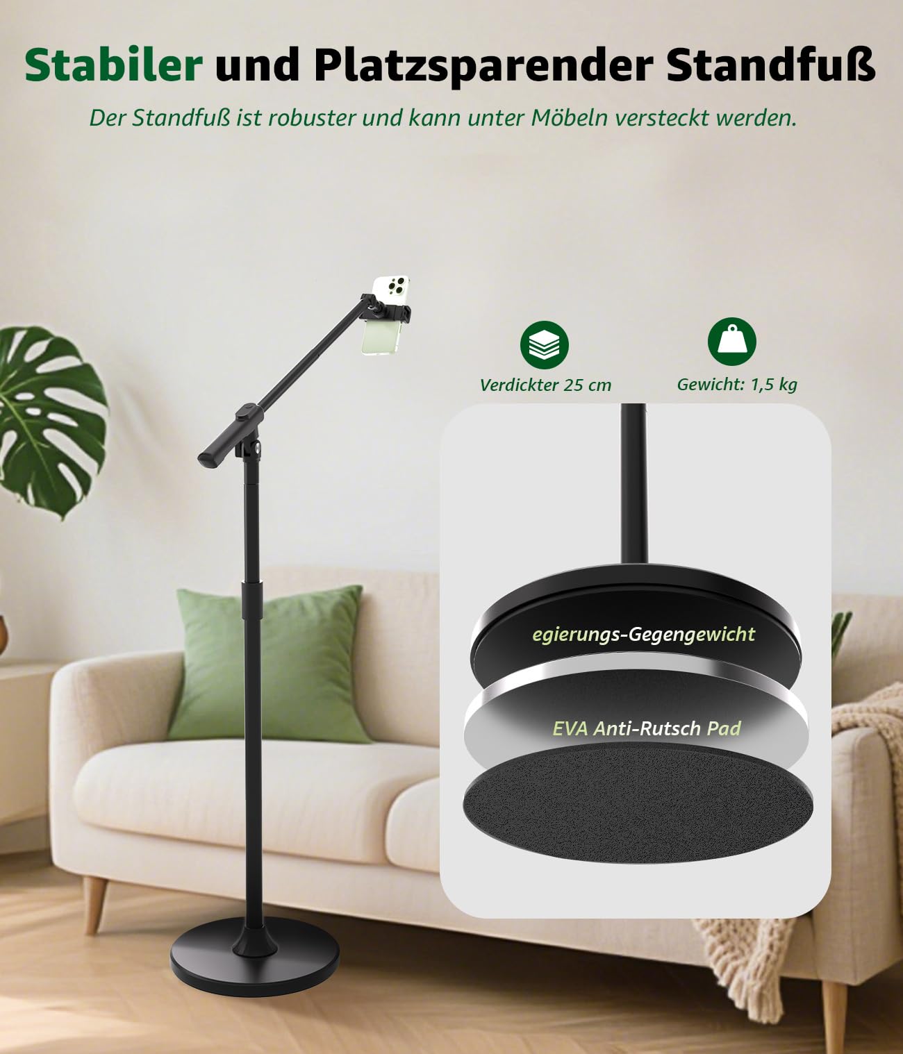 Treppiede per cellulare, 157 cm, supporto per iPhone con braccio estensibile a 360°, telecomando e supporto per cellulare, supporto orizzontale per iPhone 17/16/15/registrazione video/streaming