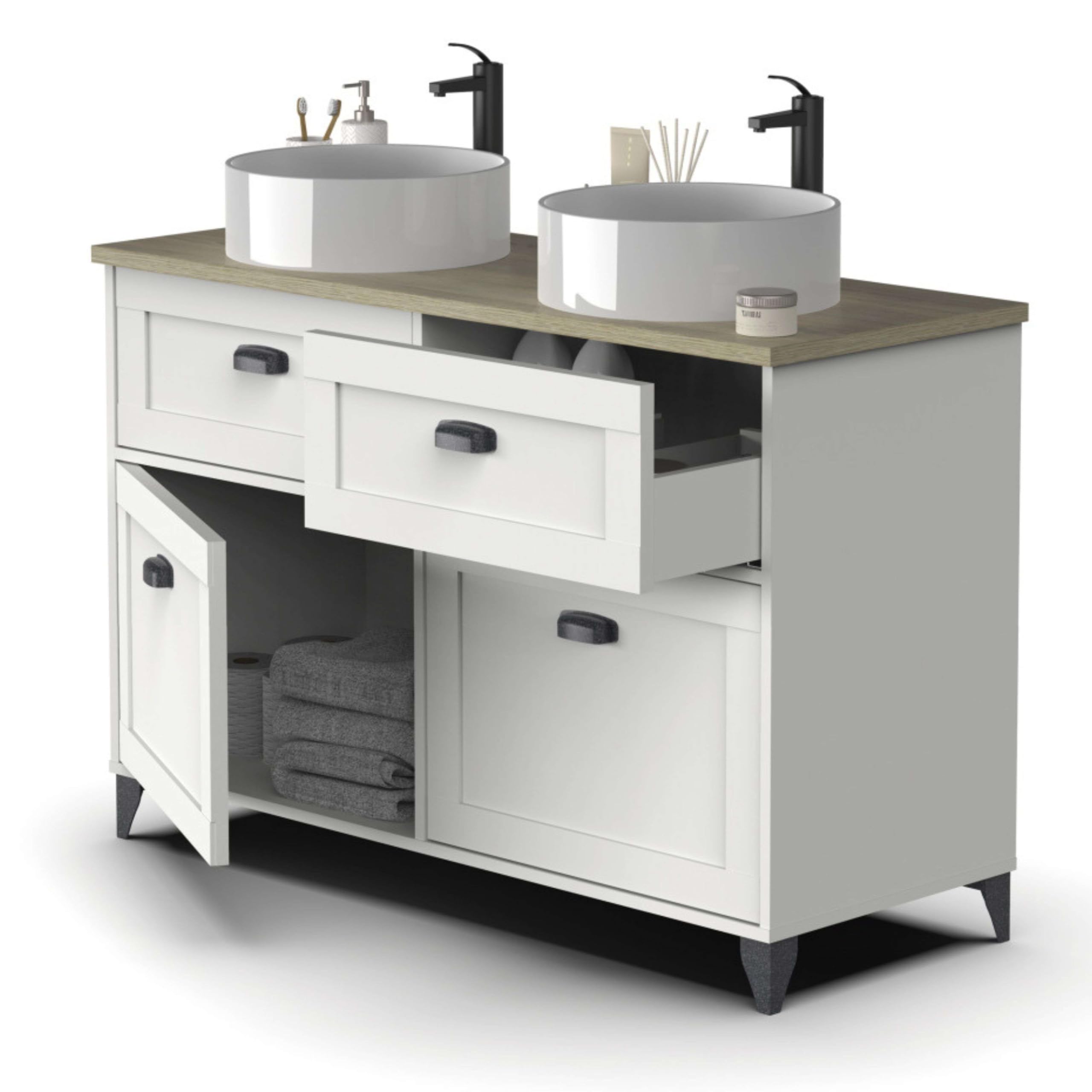 Muebles Pitarch | Mobile da bagno doppio, larghezza 120cm, con piedi, 2 cassetti a chiusura lenta, 2 porte, per lavabi da appoggio, Bianco e Rovere Cambrian, stile Vintage, modello Toscana