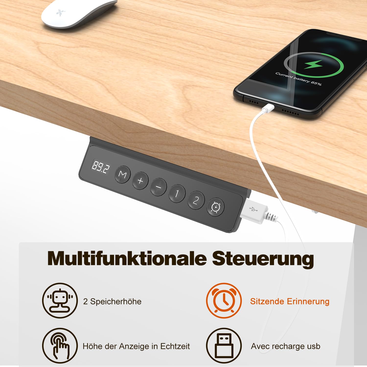 Flamaker desk demonstrating anti-collision feature with an arrow indicating upward movement stopping