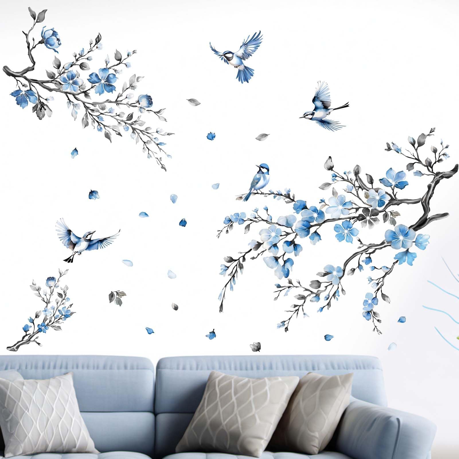 Cherry Blossom Wall Stickers for Bedroom: Peel and Stick Flower Bird Blue Floral Tree Branch Wall Decals - Living Room Office Bathroom