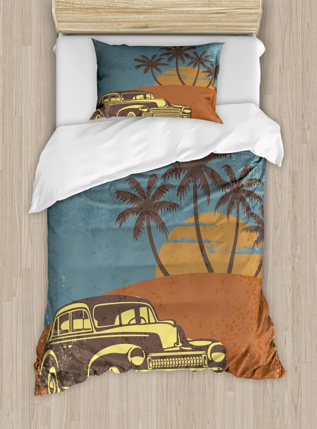 Ambesonne Winter Duvet Cover Set, Frozen Tree on Sunny Winter Morning Rising Sun Landscape Deserted Land, Decorative 3 Piece Bedding Set with 2 Pillow Shams, Queen Size, Pale Blue Cream White