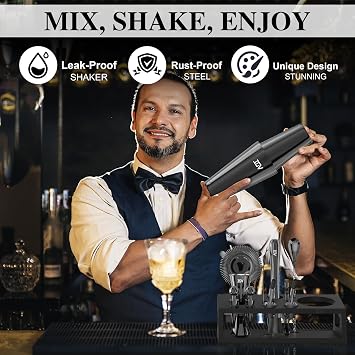 IOV Cocktail Shaker Set: 12-Piece Mixology Bartender Kit Bar Set | 16oz & 28oz Boston Shaker Drink Mixing Tools for Home with Recipe Booklet and Stand | Fun Housewarming Gift (Black)