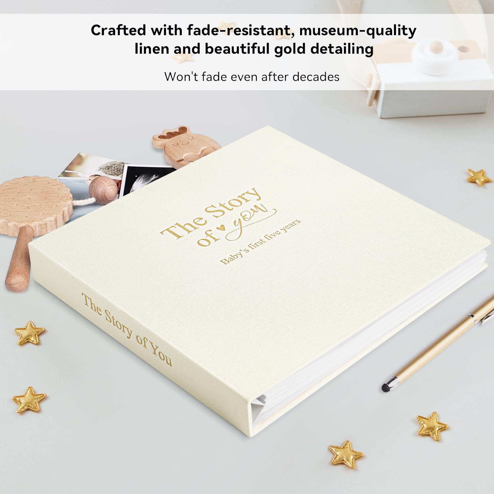 Timeless First 5 Years Keepsake Baby Memory Book para niño o niña, cubierta de lino de lujo, páginas libres de ácidos, diario neutro para bebé, libro de hitos o álbum de recortes, graba tu historia