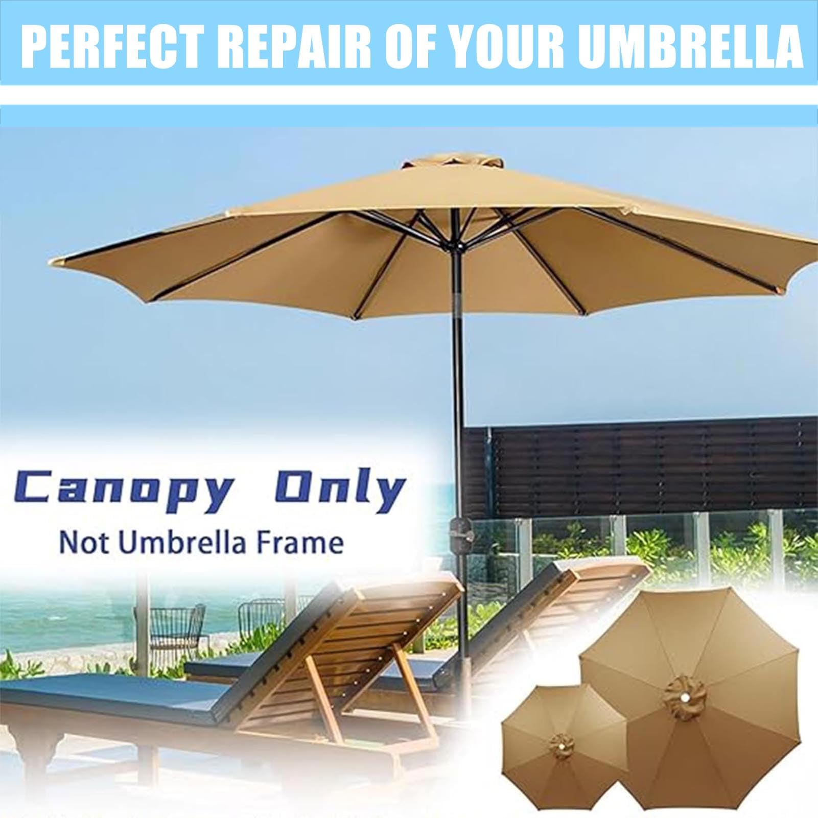 Telo ricambio ombrelloni UV50+ 3.3M /8 Stecche,3.0M /8 Stecche, 3.5M /8 Stecche, 4.0M /8 Stecche, Copertura per Ombrellone Tela Di Ricambio Baldacchino (Beige,3.5m/11.5ft-8 ribs)