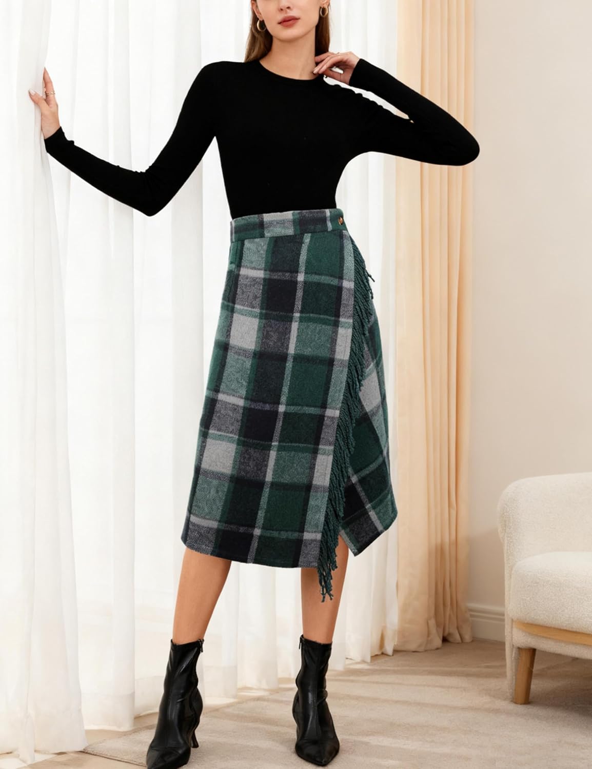 Womens Fringed Plaid Midi Skirt Warm Wool Wrap Skirt Fall Winter A Line Tartan Dress (Green-XS) - Image 7