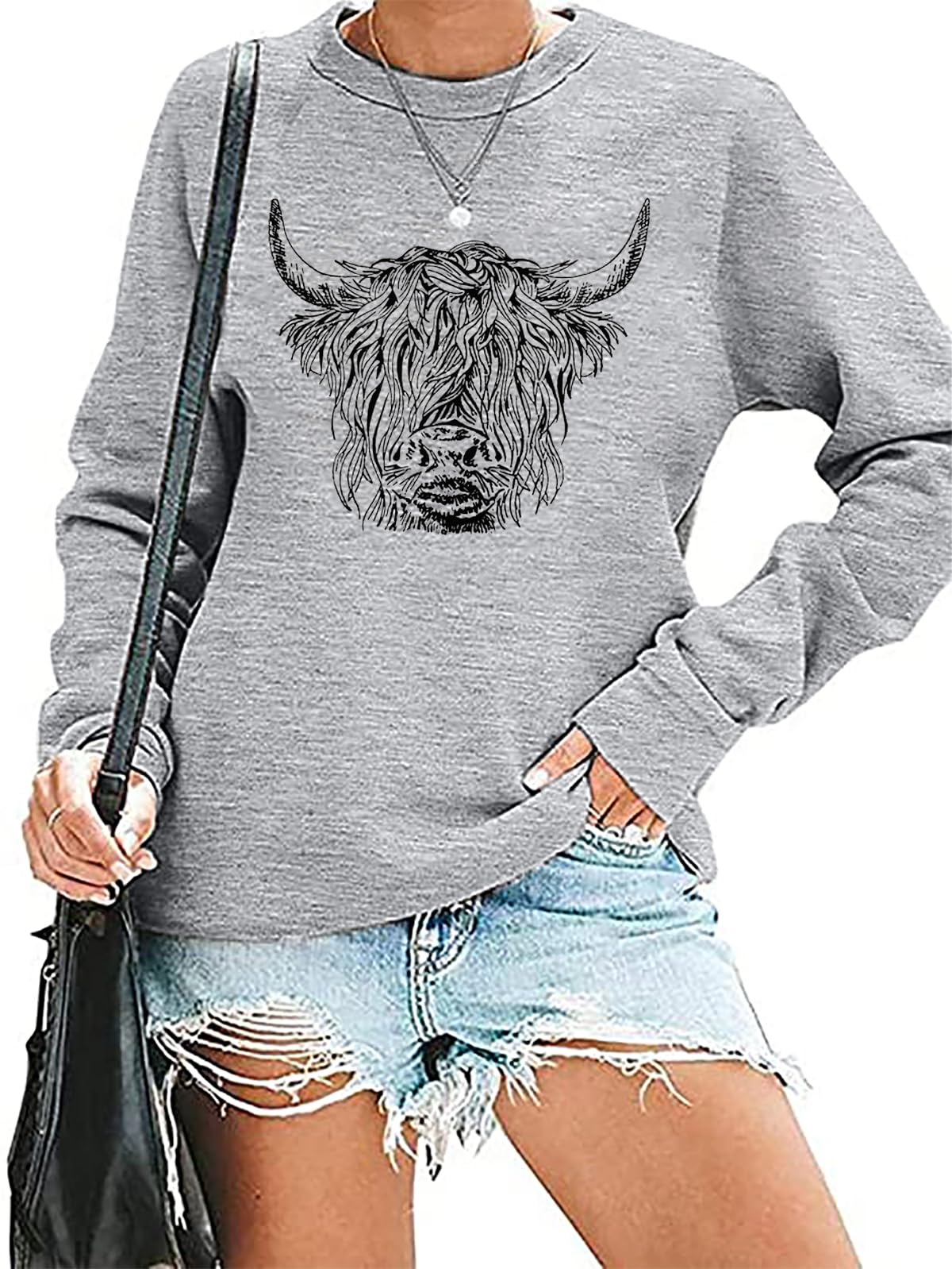 ASAMIHANSTARWomen Cow Sweatshirt Highland Cow Print Hoodie Cowgirl Pullover Farm Life Lightweight Long Sleeve Tops