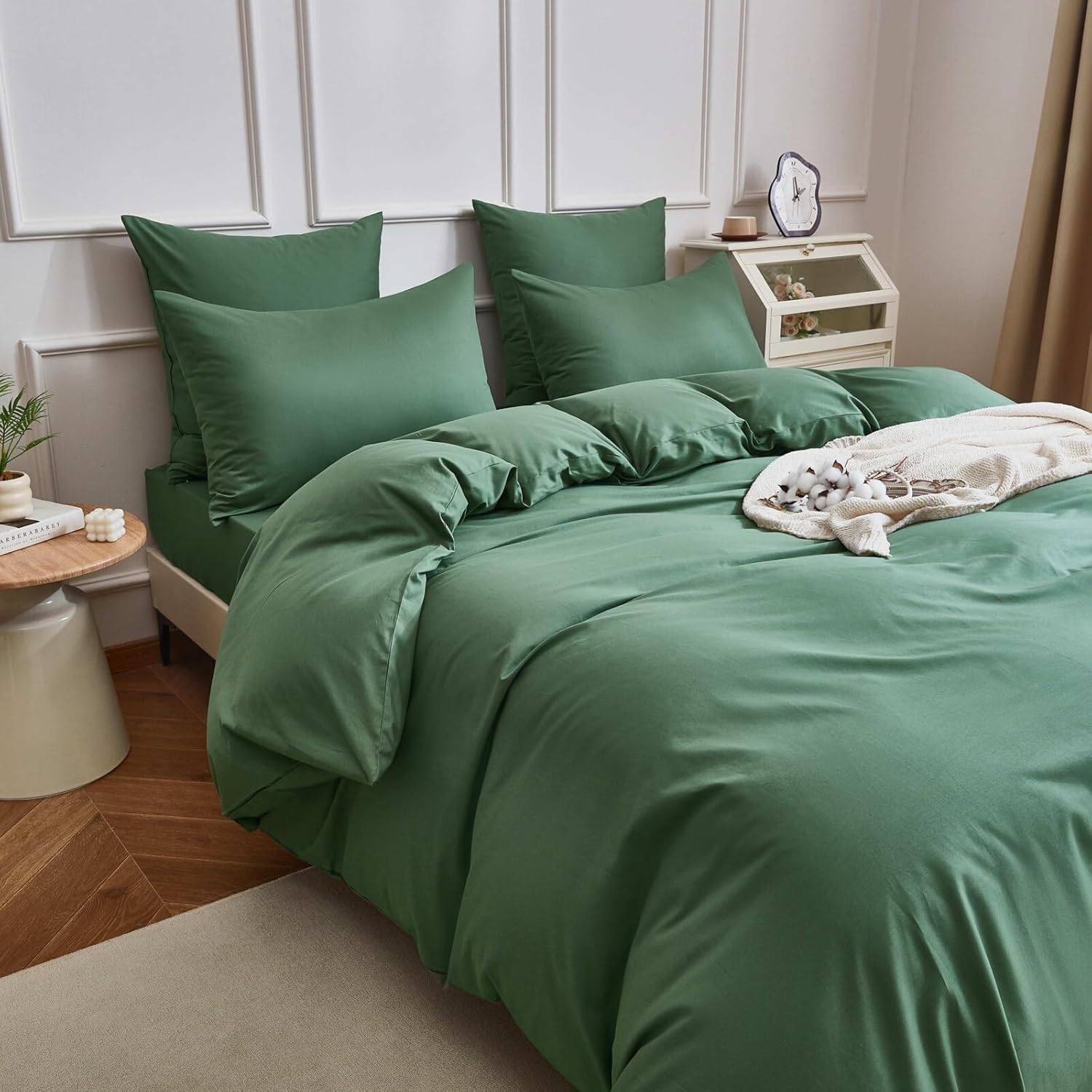 Deep Muted Sage Cotton Duvet Cover Set Queen Size, 100% Combed Cotton Percale Bedding, Soft Breathable Plain Weave Comforter Cover with 2 Pillowcases, Minimalist Neutral Bedroom Decor for All Season