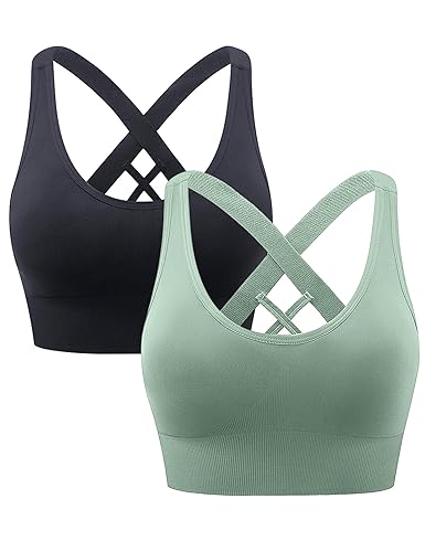 Heersan Sport BH Damen, Push up Sport Bra Ohne Bügel Crossback Seamless Starker Halt Sports Bra mit Abnehmbaren Gepolstert für Fitness Lauf Joggen Yoga - XL - 2pcs-schwarz+algengrün
