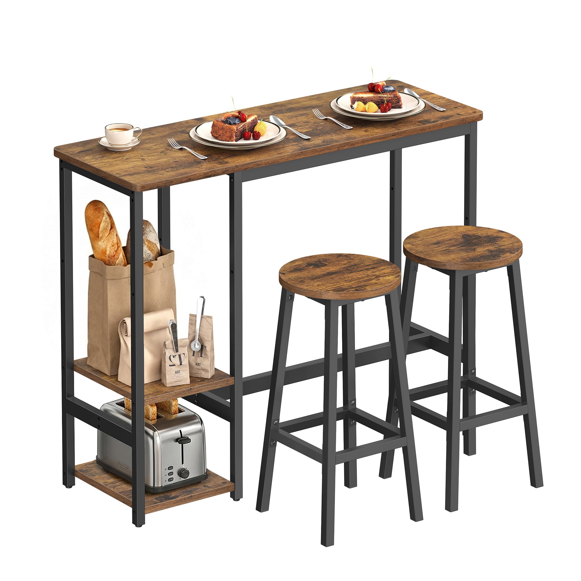 VASAGLE Bartisch mit 2 Barstühlen, Esszimmermöbel-Set, Essgruppe, mit Aufbewahrungsregal, für Wohnzimmer, Küche, Metallrahmen, einfache Montage, vintagebraun-schwarz LBT220KD01
