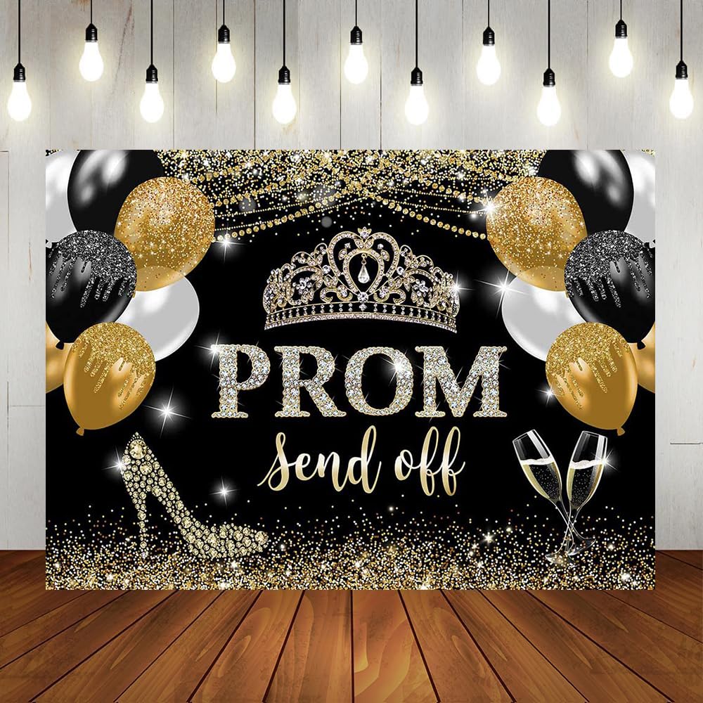 Lofaris Prom Send Off 2025 Photography Backdrop Black and Gold Crown Congrats Grad Background Celebrate Graduation Class of 2025 Prom Night